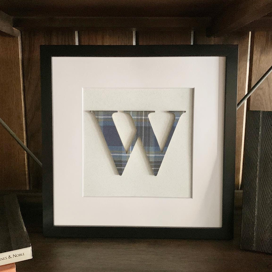 Plaid Wall Hanging Initial- 12x12" Frame, Blue & Brown Plaid