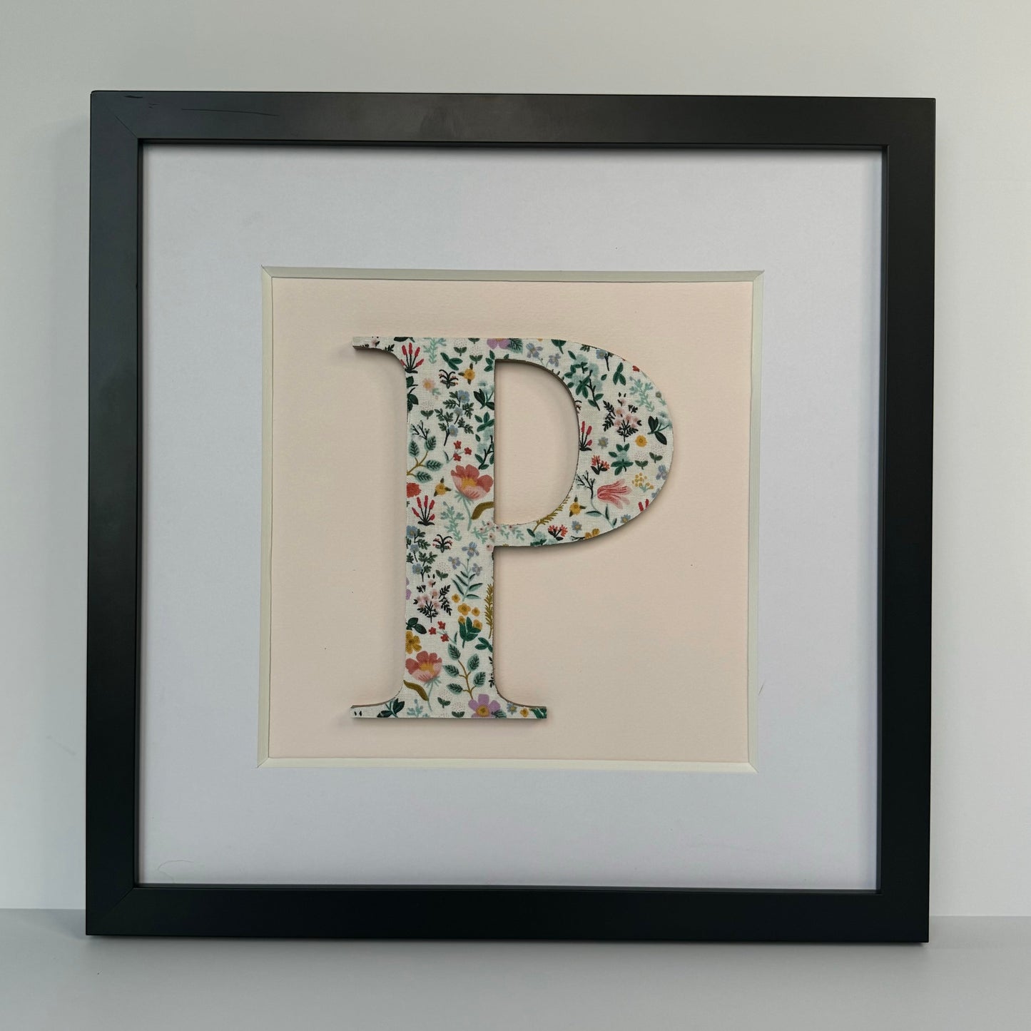 Framed Floral Initial- 12x12" Frame, Bramble Fields on Pale Pink