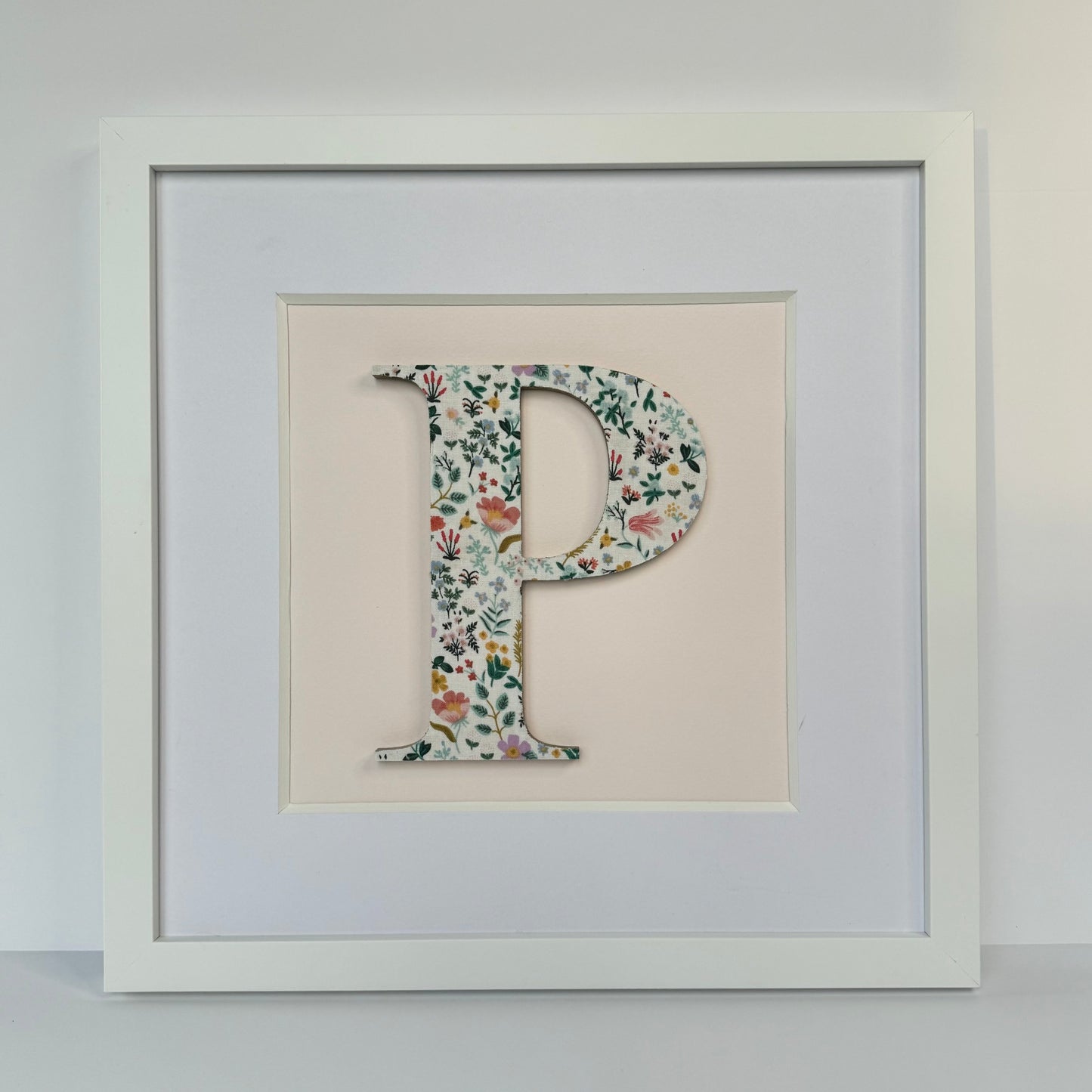 Framed Floral Initial- 12x12" Frame, Bramble Fields on Pale Pink