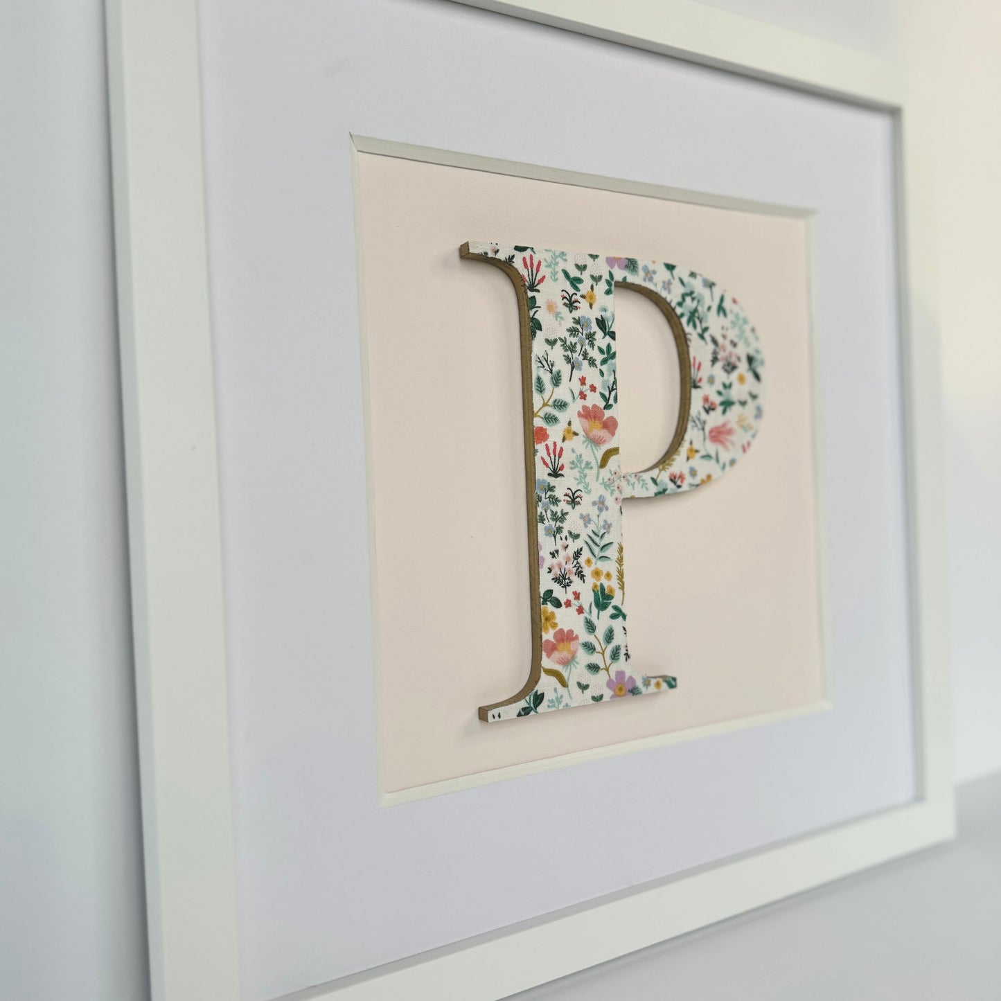 Framed Floral Initial- 12x12" Frame, Bramble Fields on Pale Pink