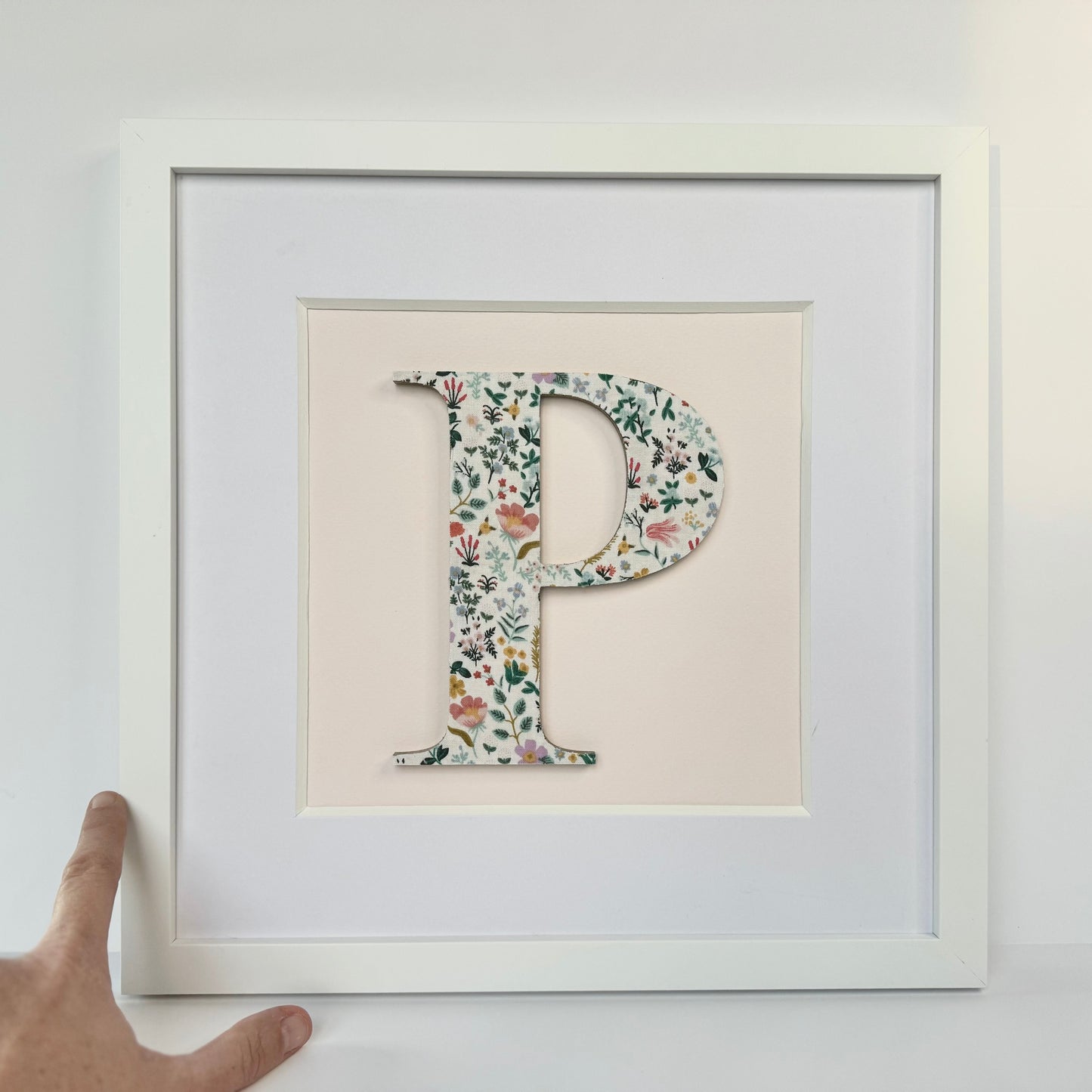 Framed Floral Initial- 12x12" Frame, Bramble Fields on Pale Pink