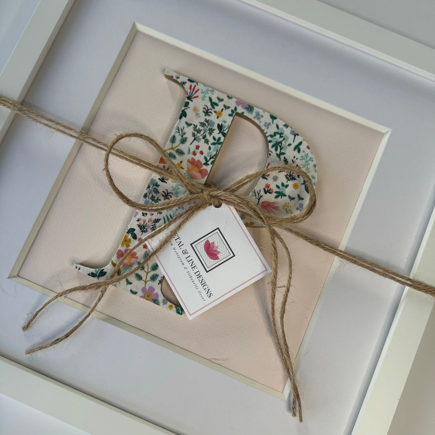Framed Floral Initial- 12x12" Frame, Bramble Fields on Pale Pink