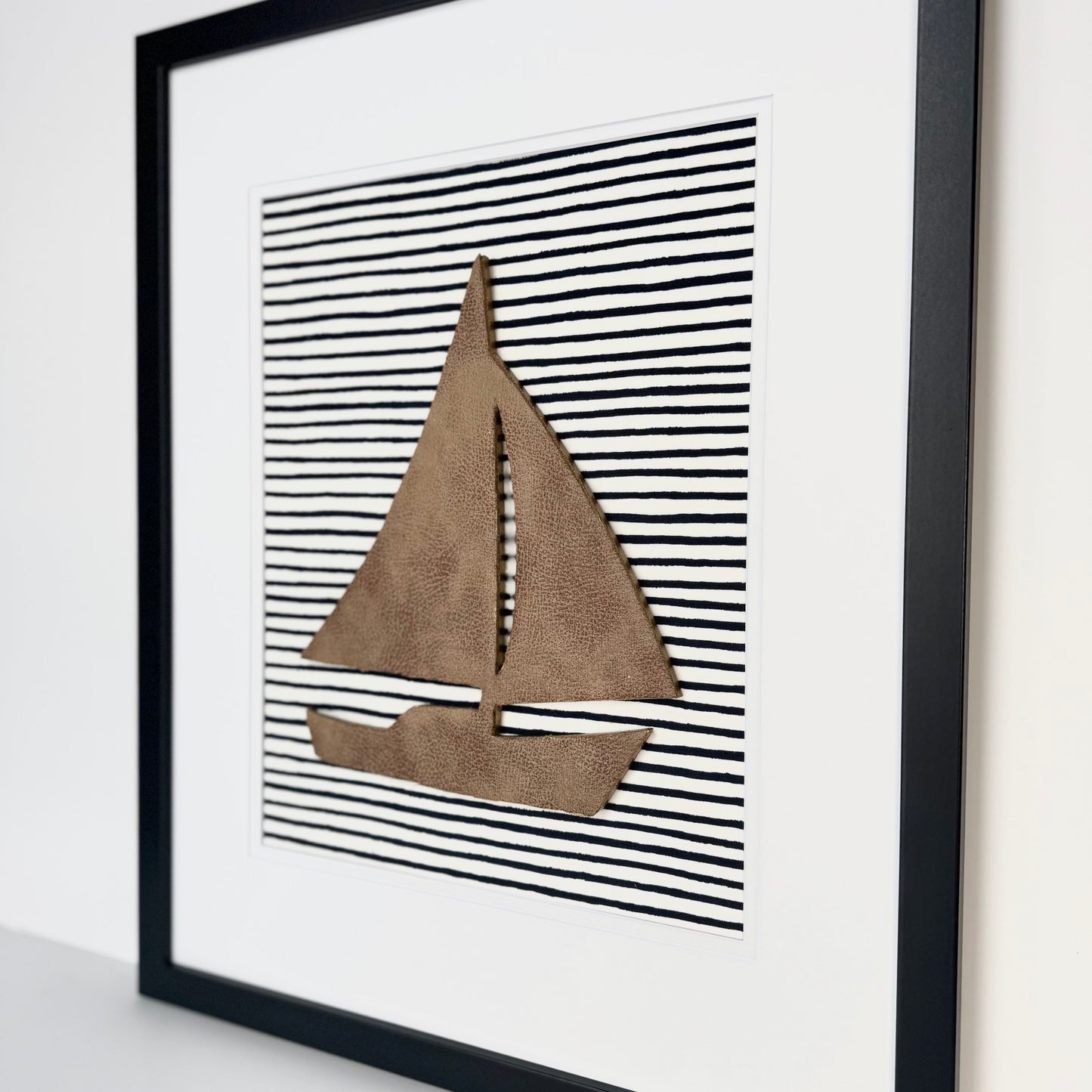 Framed Sailboat for Nursery, Leather on Navy Blue Wavy Stripe, 18x22 Frame