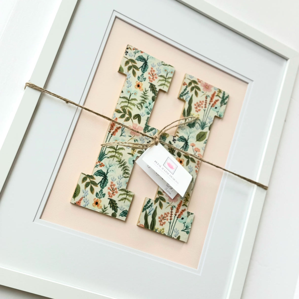 Framed Floral Initial- Herb Garden on Pale Pink, 18x22 Frame