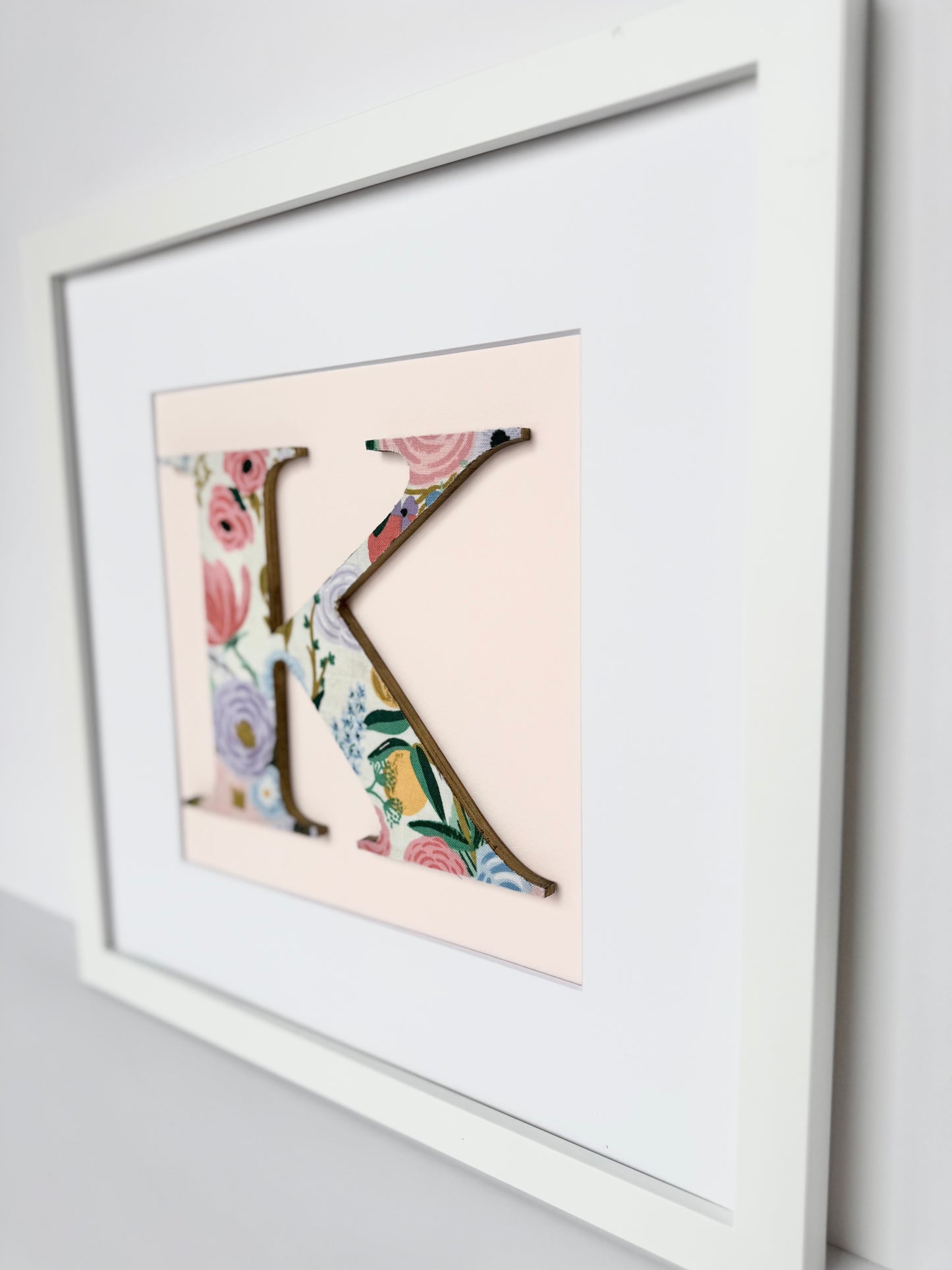 Framed Floral Girls Nursery Initial- Garden Party on Ivory on Pale Pink, 12x12" Frame