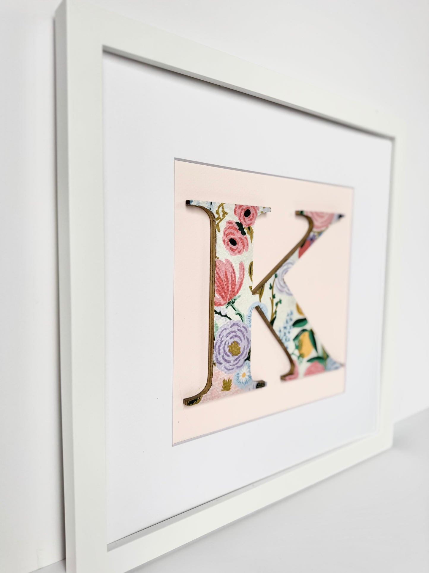 Framed Floral Girls Nursery Initial- Garden Party on Ivory on Pale Pink, 12x12" Frame