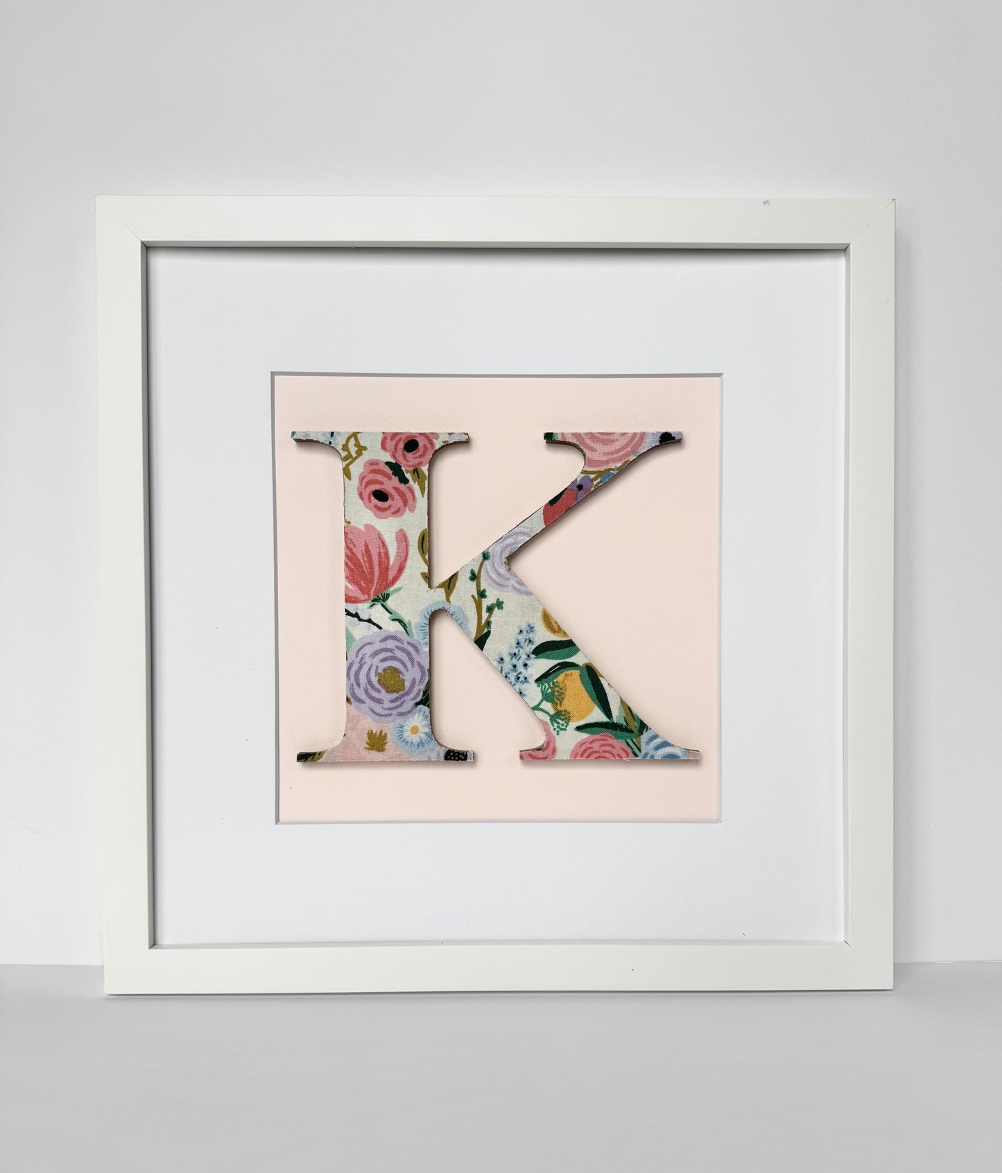 Framed Floral Girls Nursery Initial- Garden Party on Ivory on Pale Pink, 12x12" Frame