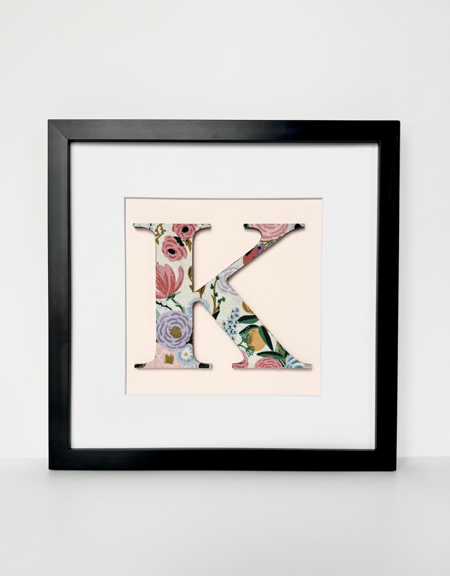 Framed Floral Girls Nursery Initial- Garden Party on Ivory on Pale Pink, 12x12" Frame