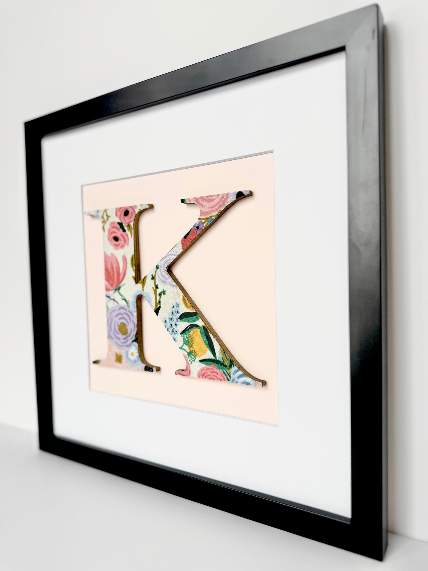 Framed Floral Girls Nursery Initial- Garden Party on Ivory on Pale Pink, 12x12" Frame