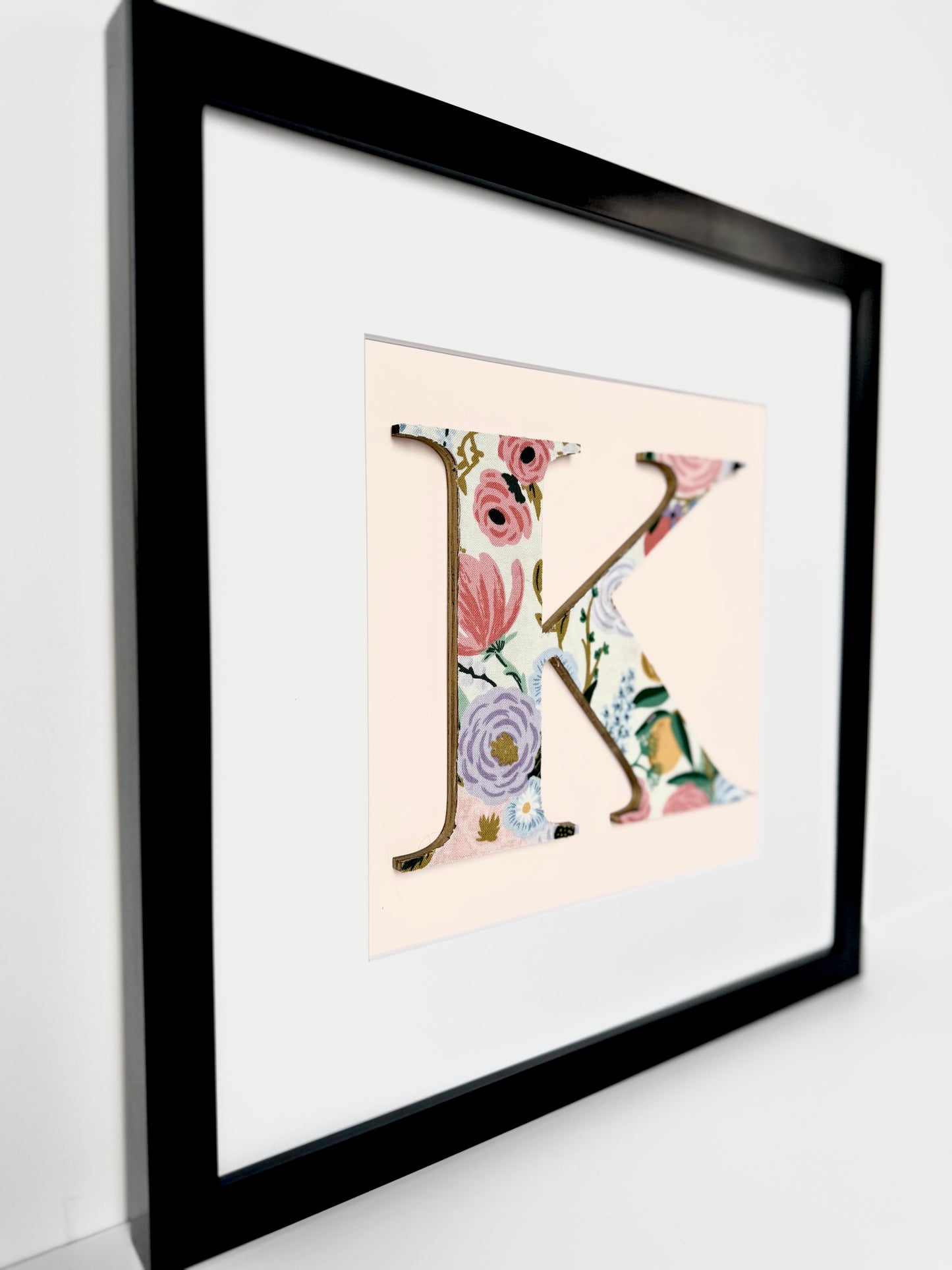 Framed Floral Girls Nursery Initial- Garden Party on Ivory on Pale Pink, 12x12" Frame
