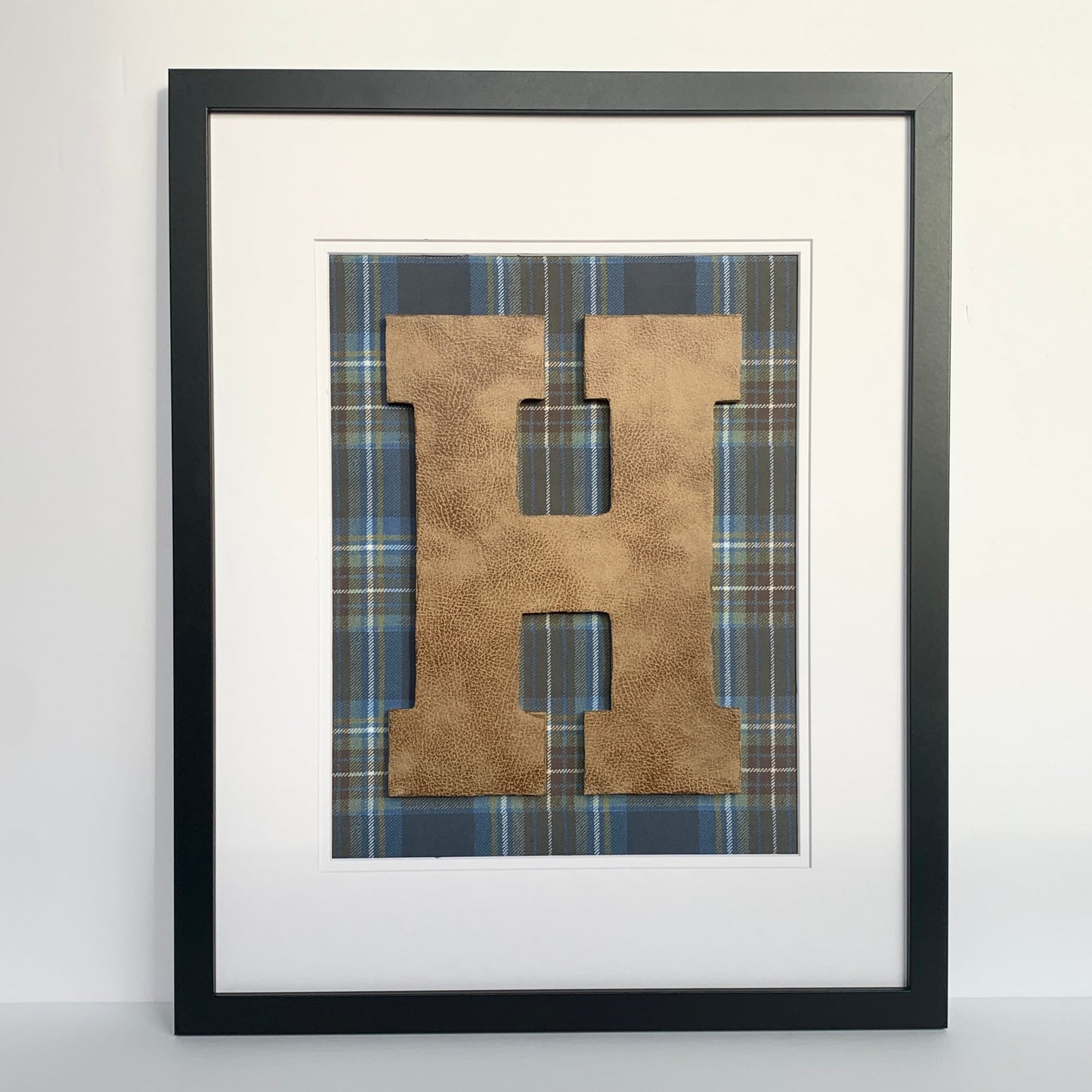 Framed Leather Initial on Blue & Brown Plaid, 18x22" Frame