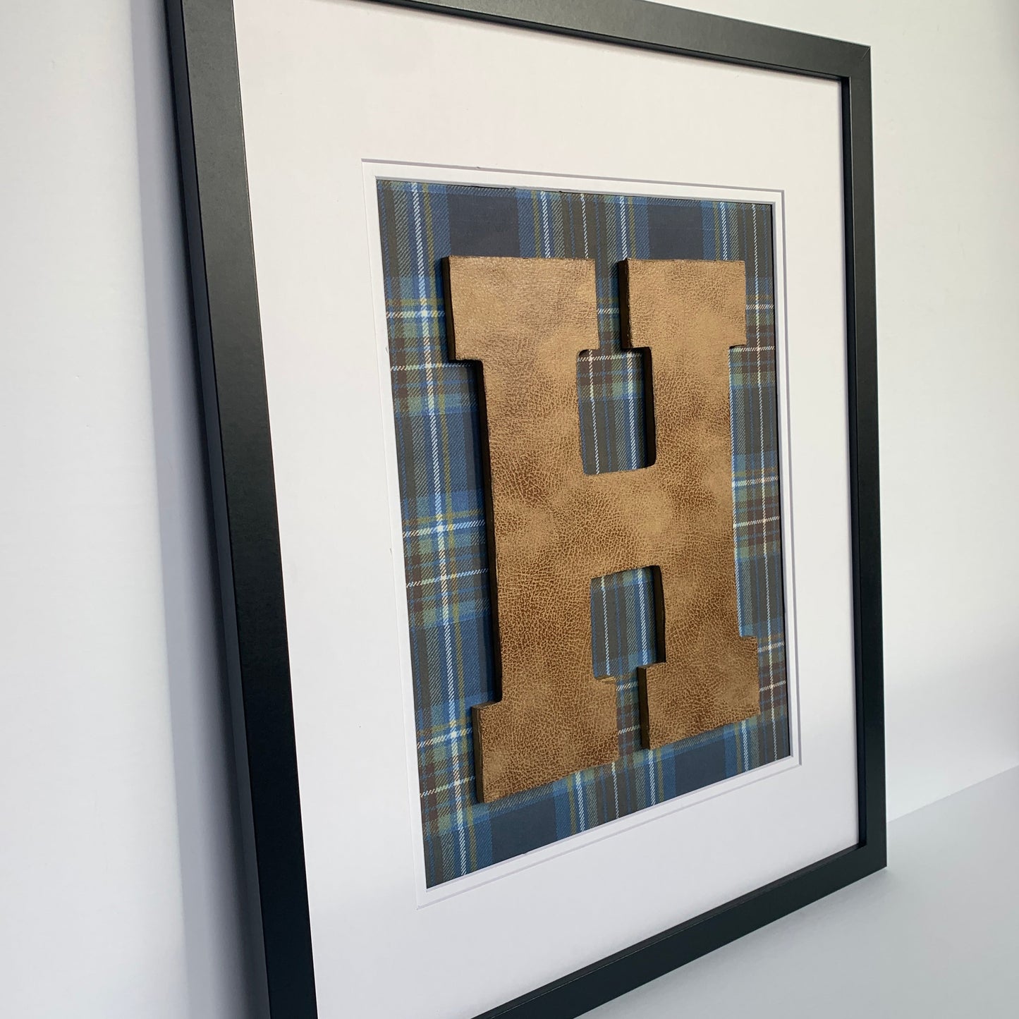 Framed Leather Initial on Blue & Brown Plaid, 18x22" Frame