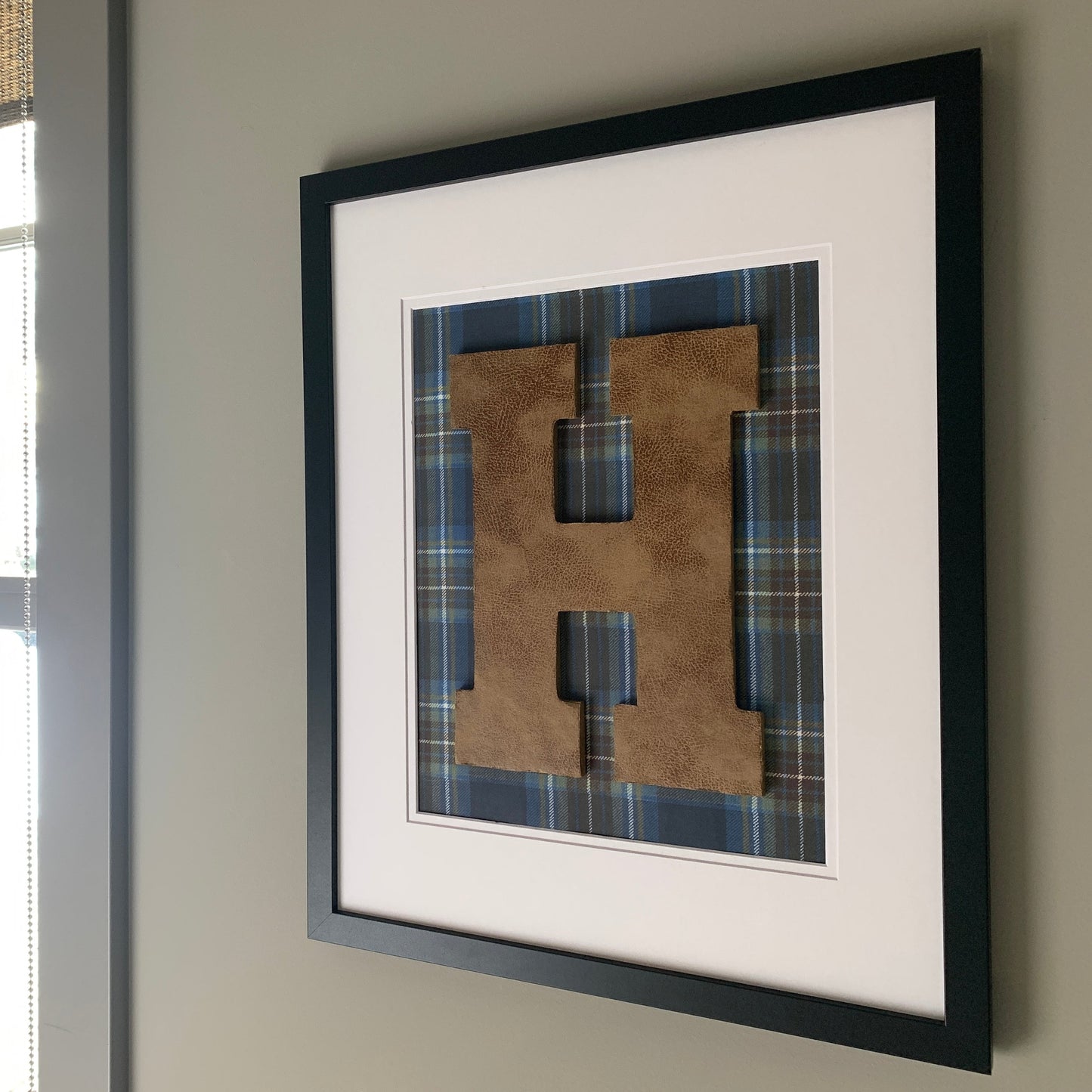Framed Leather Initial on Blue & Brown Plaid, 18x22" Frame