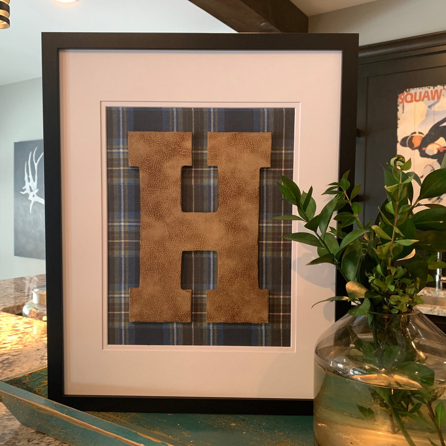 Framed Leather Initial on Blue & Brown Plaid, 18x22" Frame