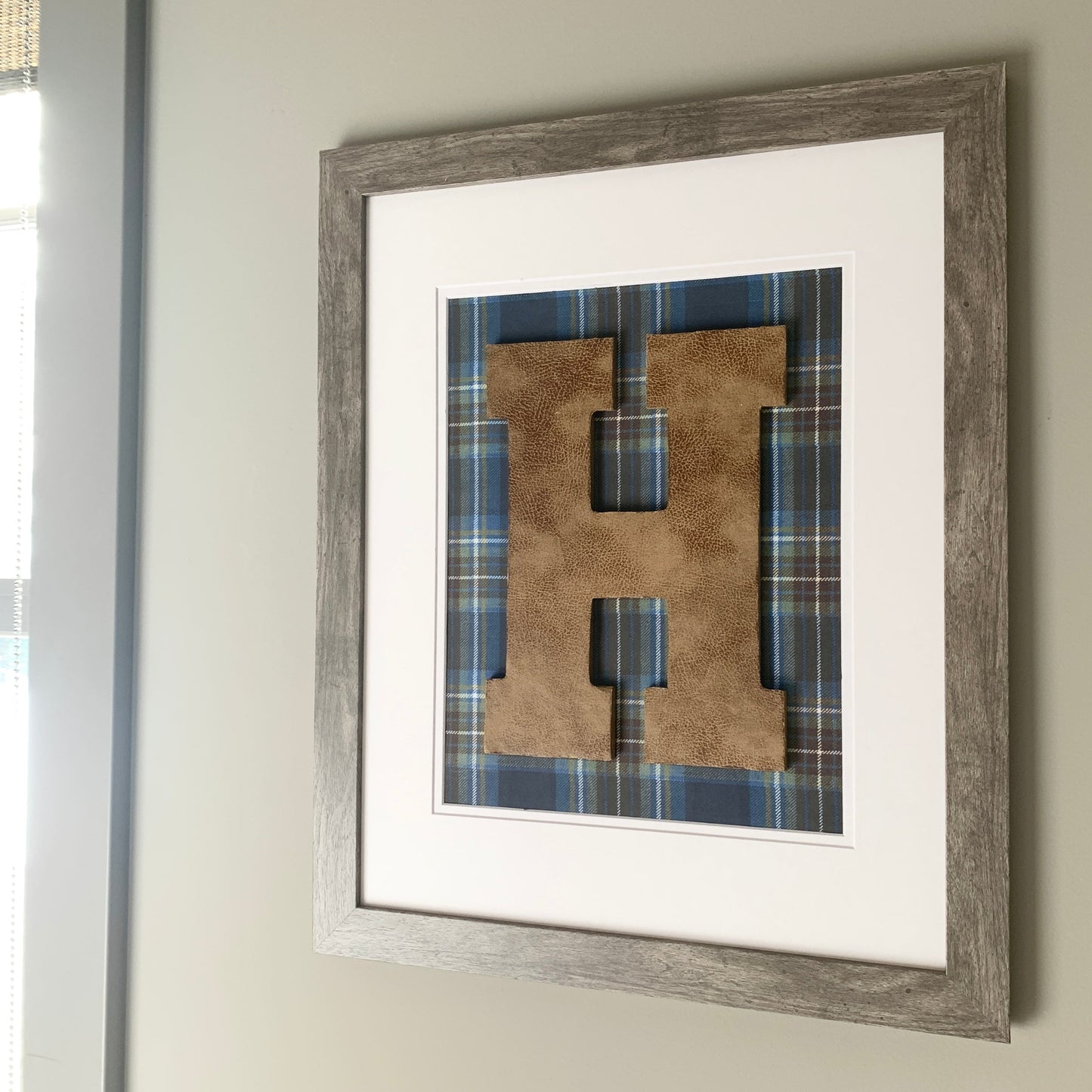 Framed Leather Initial on Blue & Brown Plaid, 18x22" Frame