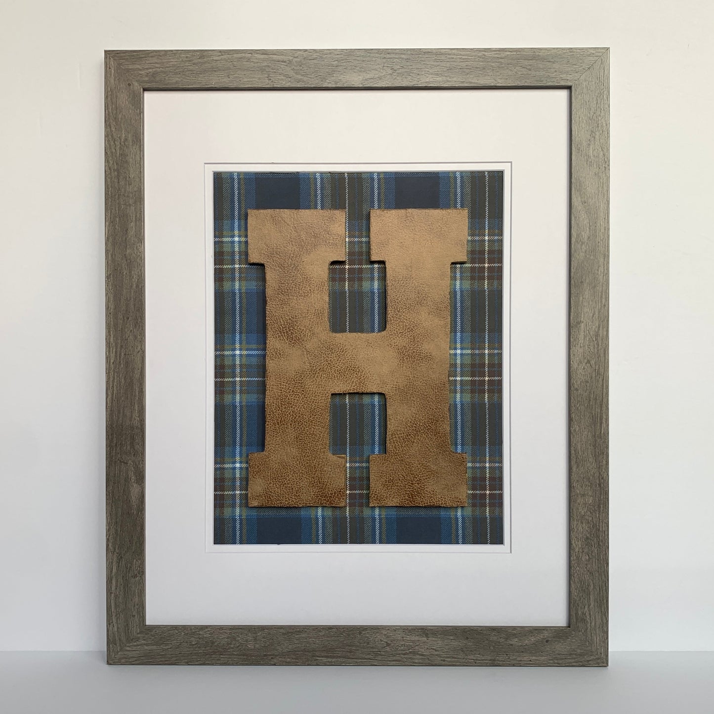 Framed Leather Initial on Blue & Brown Plaid, 18x22" Frame