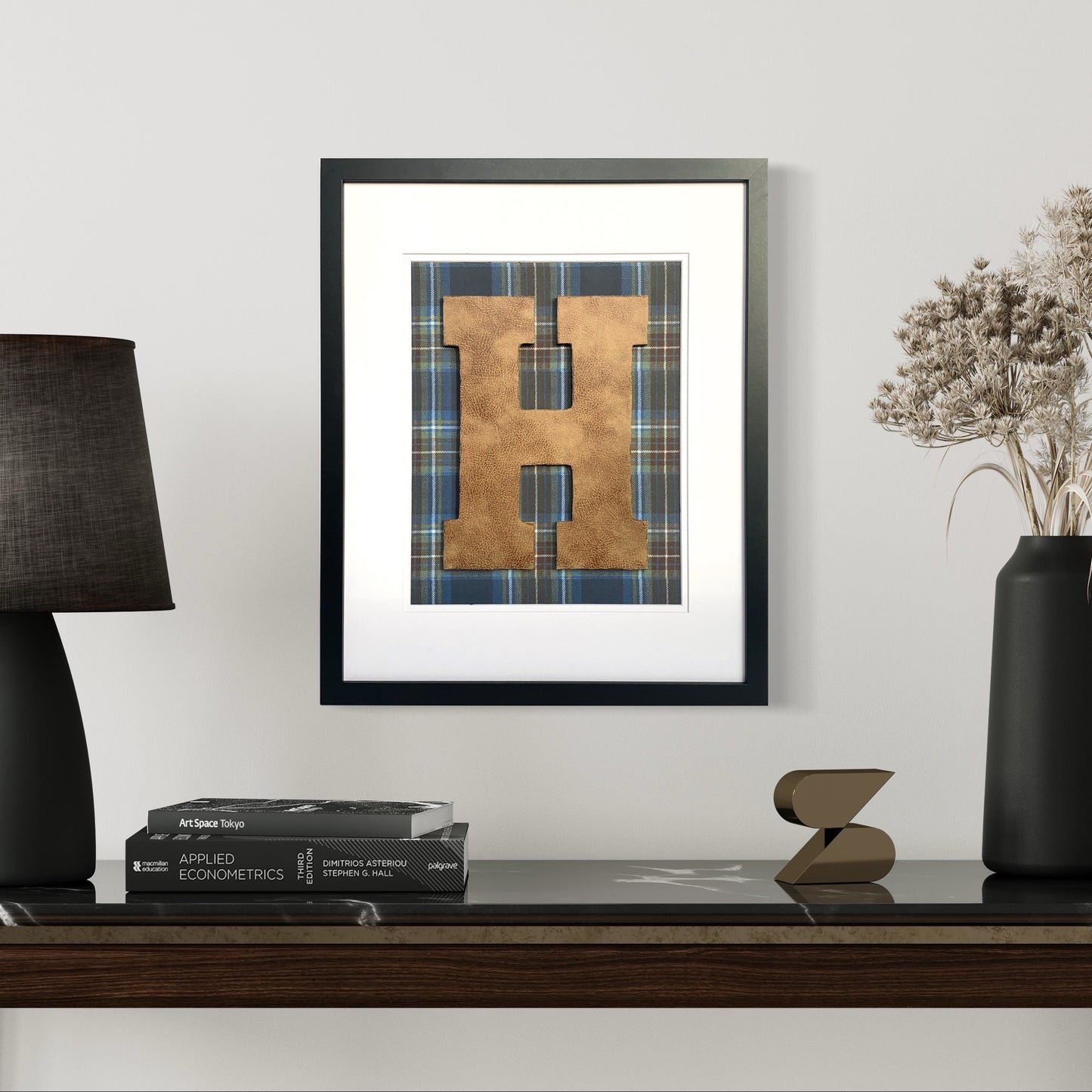Framed Leather Initial on Blue & Brown Plaid, 18x22" Frame