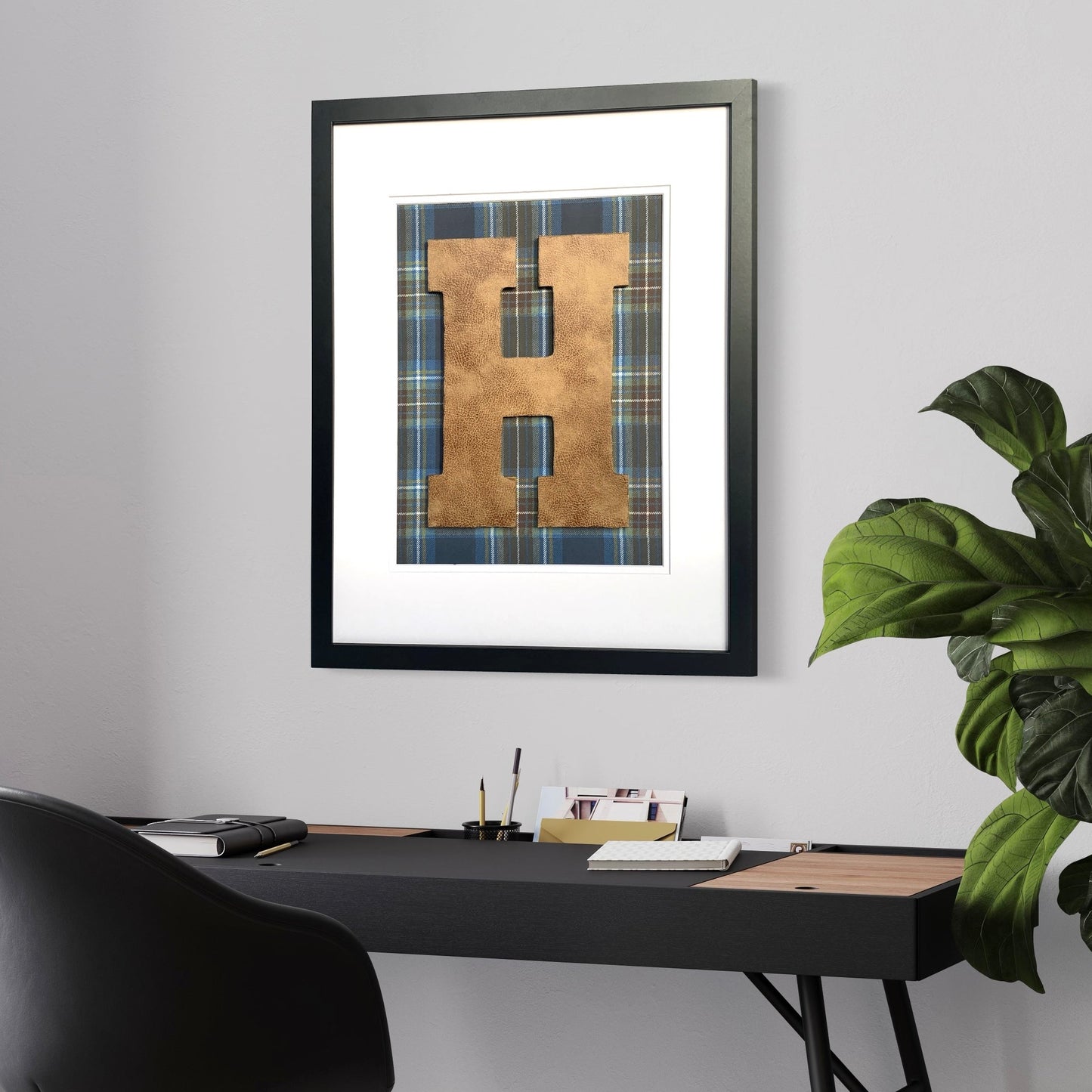 Framed Leather Initial on Blue & Brown Plaid, 18x22" Frame