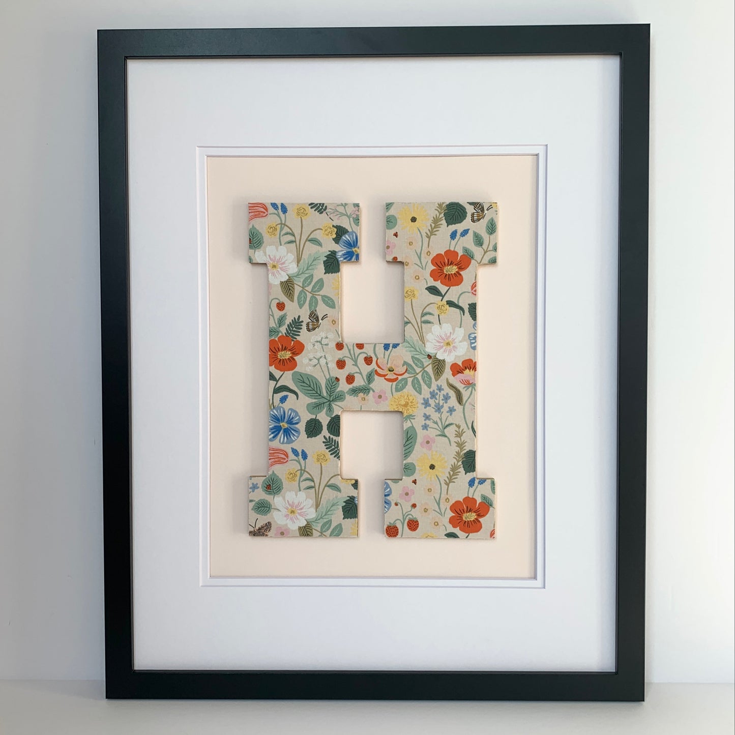 Framed Floral Initial- Strawberry Fields on Pale Pink, 18x22" Frame