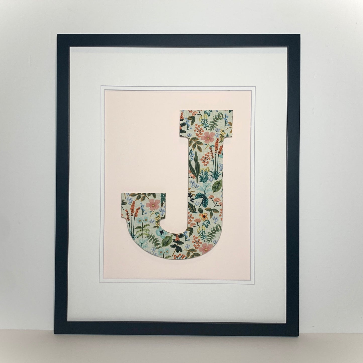 Framed Floral Initial- Herb Garden on Pale Pink, 18x22 Frame