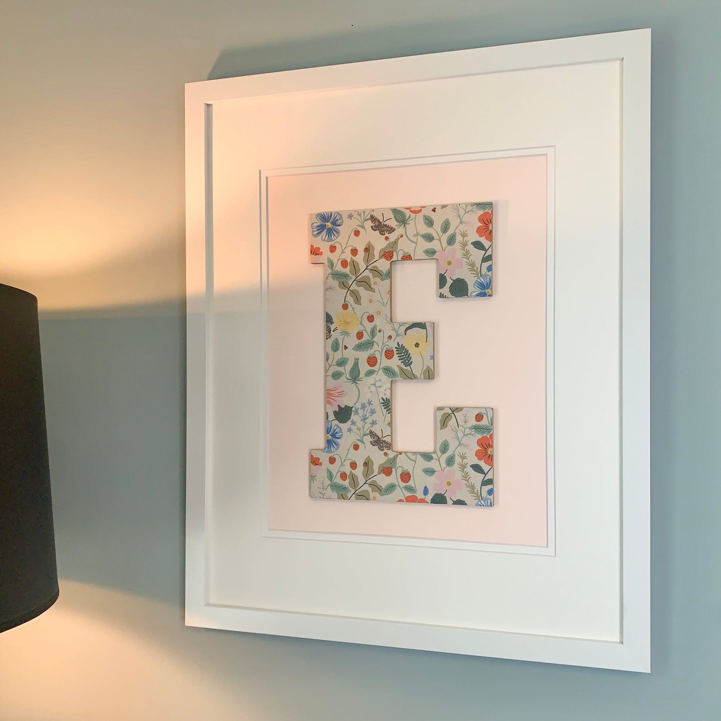 Framed Floral Initial- Strawberry Fields on Pale Pink, 18x22" Frame