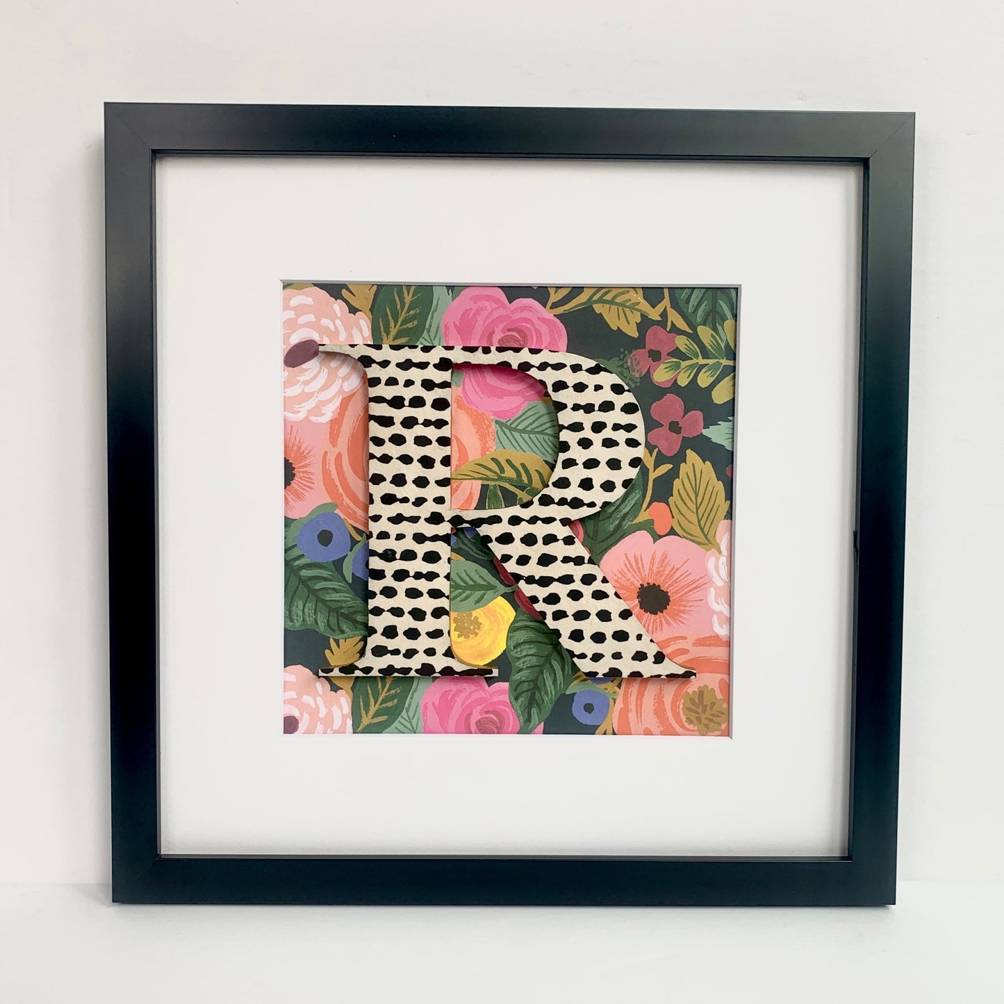 Framed Floral Initial- 12x12" Frame, Black Dot on Dark Floral