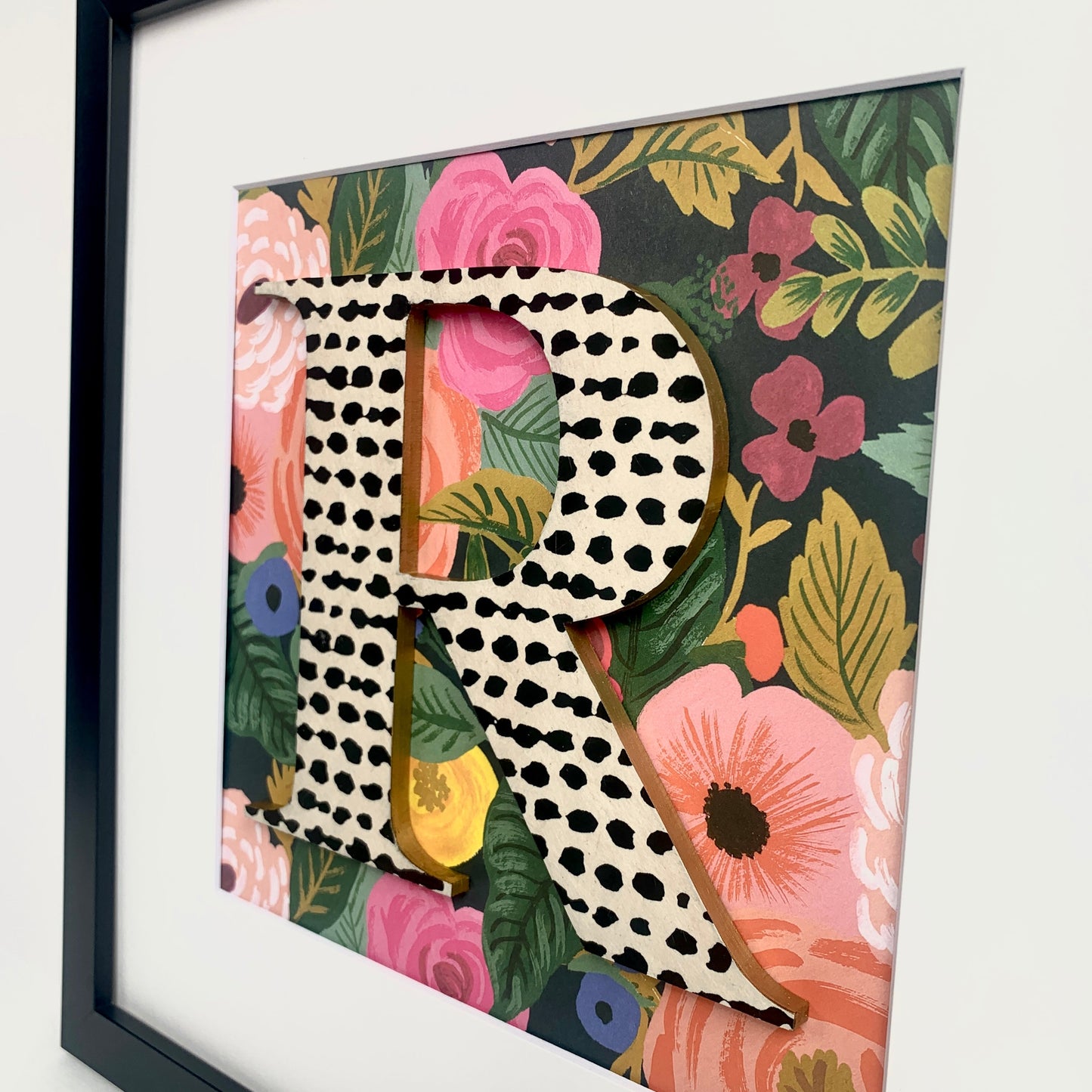 Framed Floral Initial- 12x12" Frame, Black Dot on Dark Floral