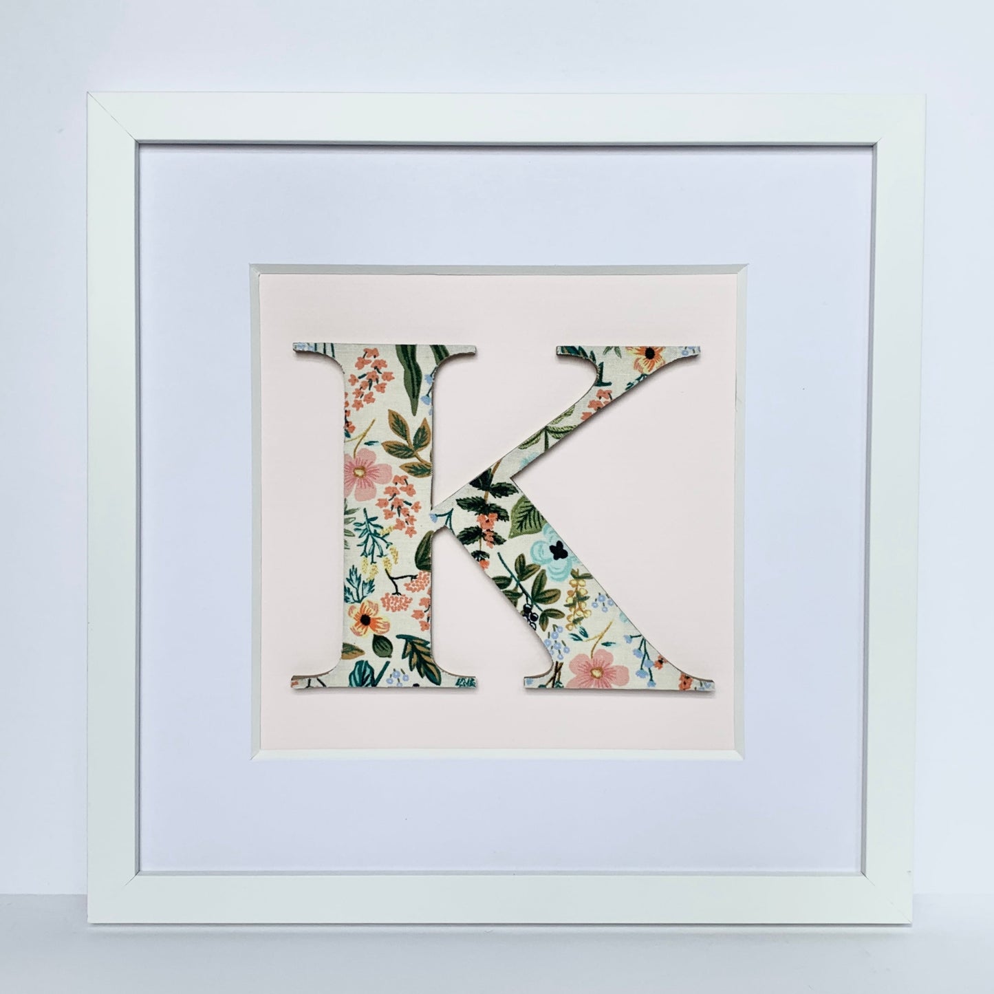 Framed Floral Initial- 12x12" Frame, Herb Garden on Pale Pink