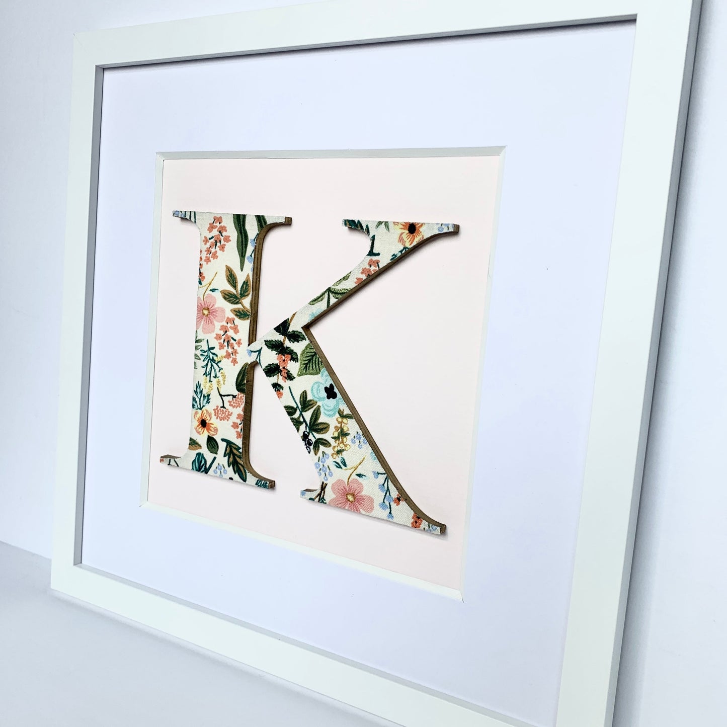 Framed Floral Initial- 12x12" Frame, Herb Garden on Pale Pink