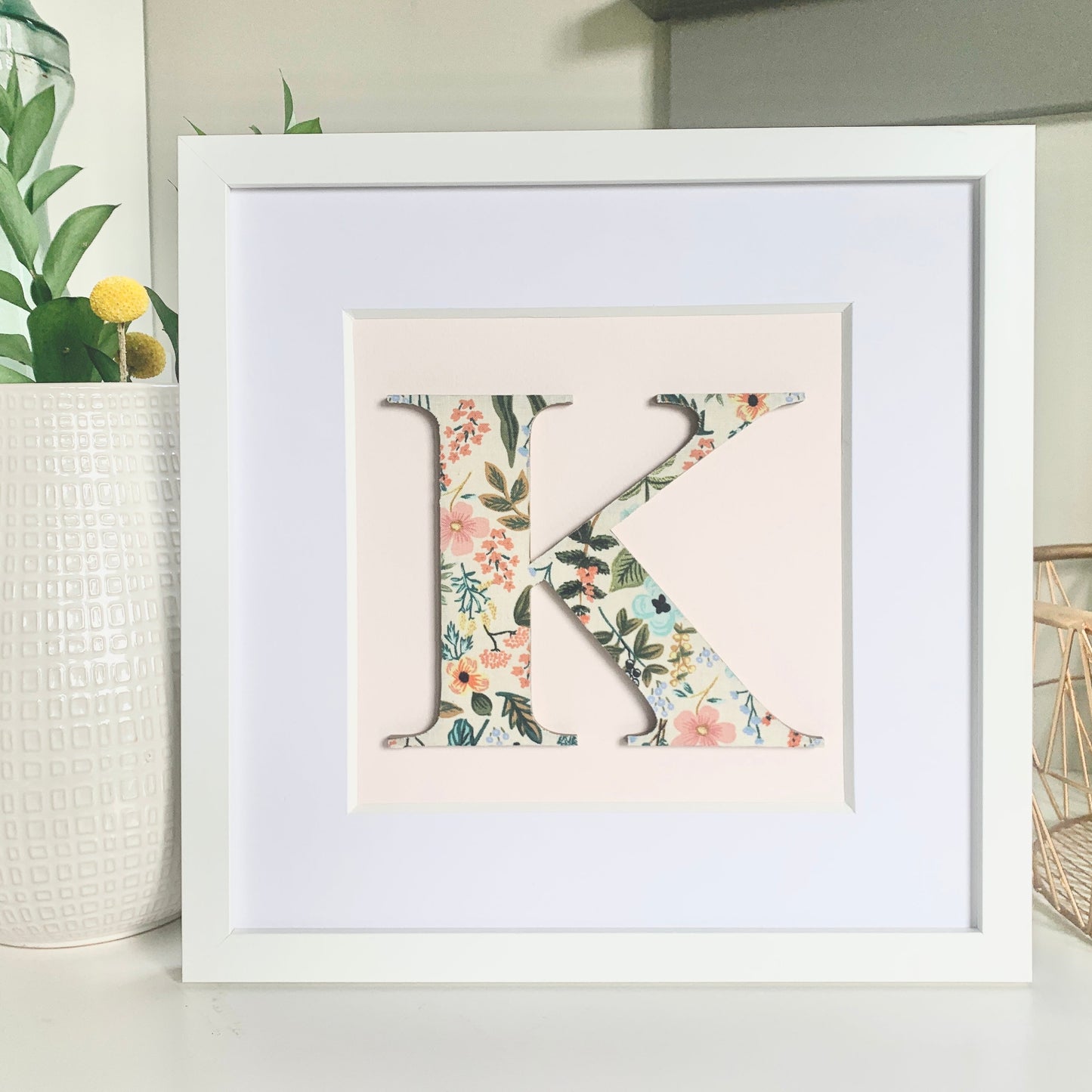 Framed Floral Initial- 12x12" Frame, Herb Garden on Pale Pink