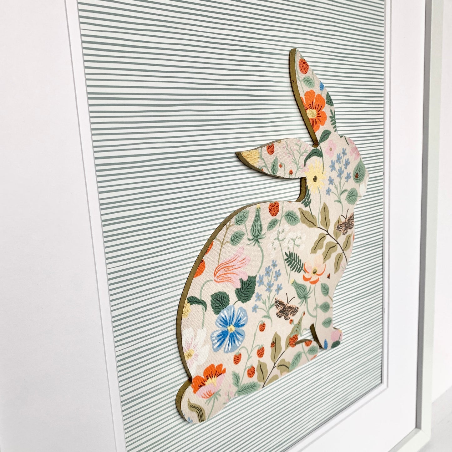 Framed Floral Bunny, Strawberry Fields on Blue Stripe, 18x22 Frame