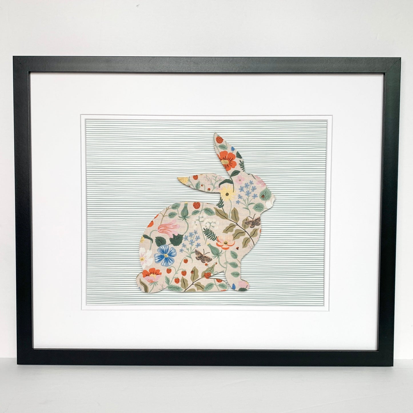 Framed Floral Bunny, Strawberry Fields on Blue Stripe, 18x22 Frame