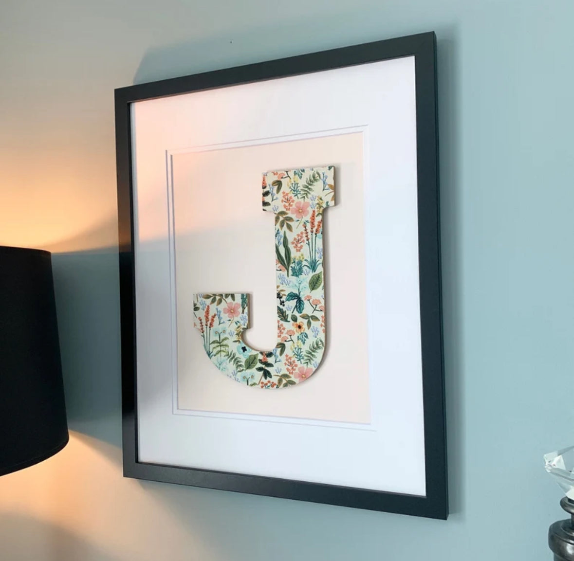 Black Framed Herb Garden floral print Nursery Letter on a pale pink background