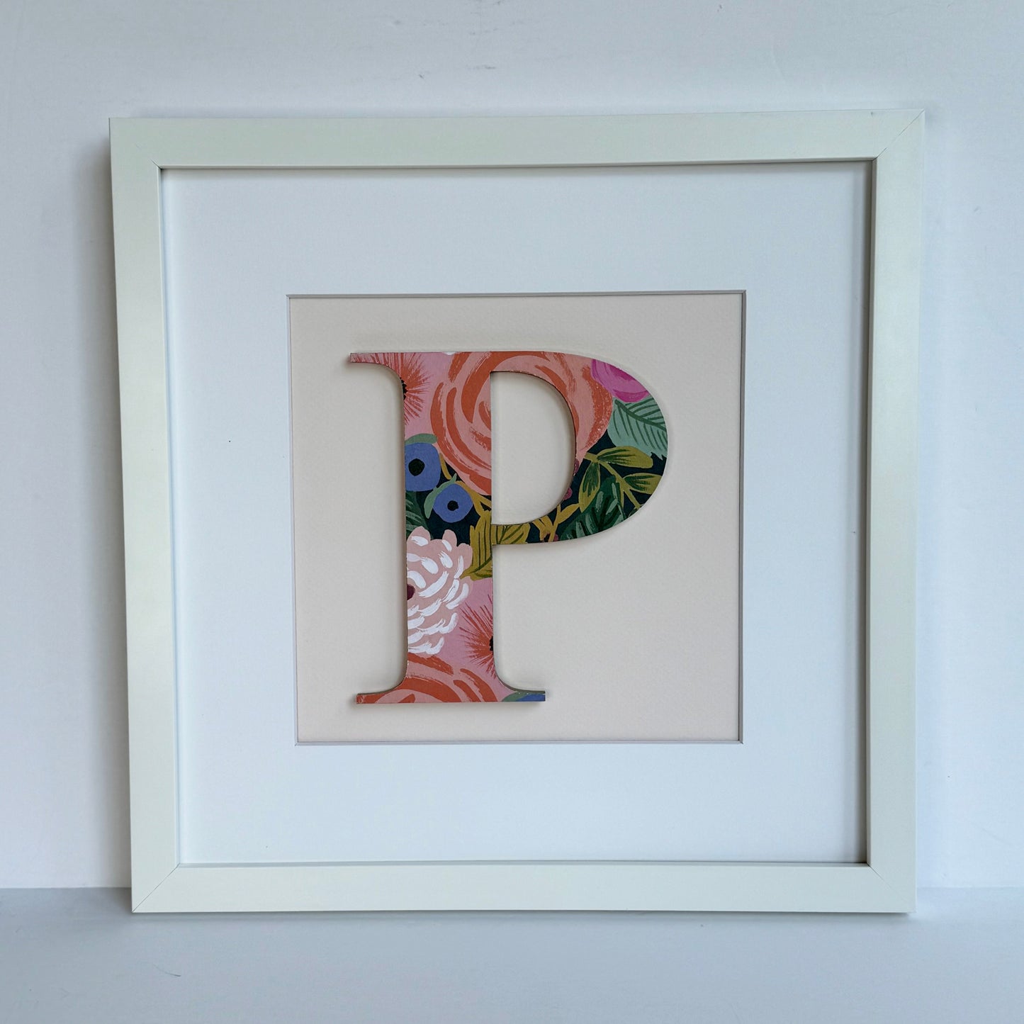 Framed Floral Initial- 12x12" Frame, Dark Floral on Pale Pink