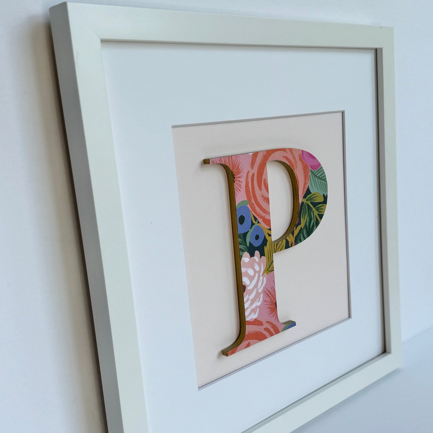 Framed Floral Initial- 12x12" Frame, Dark Floral on Pale Pink