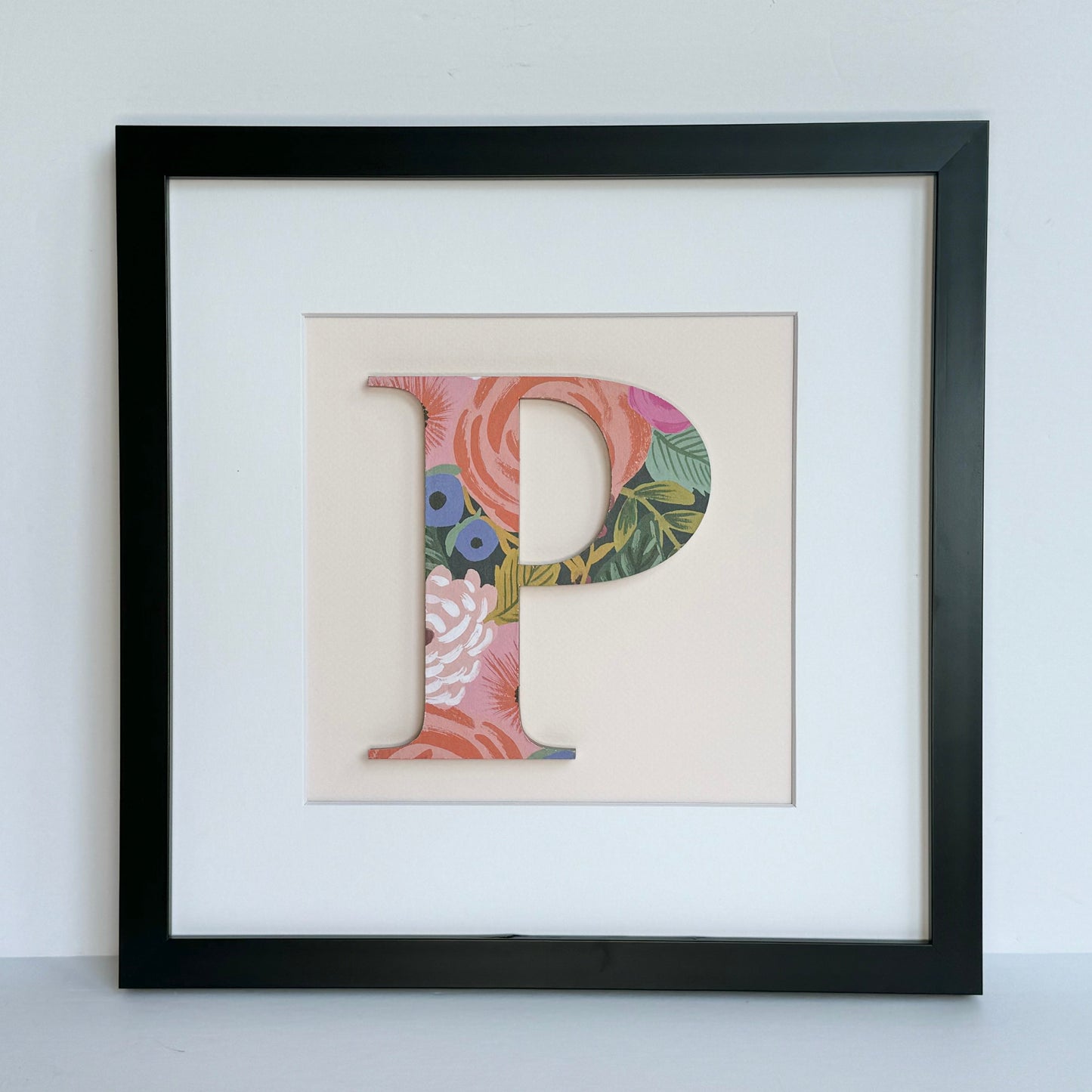 Framed Floral Initial- 12x12" Frame, Dark Floral on Pale Pink