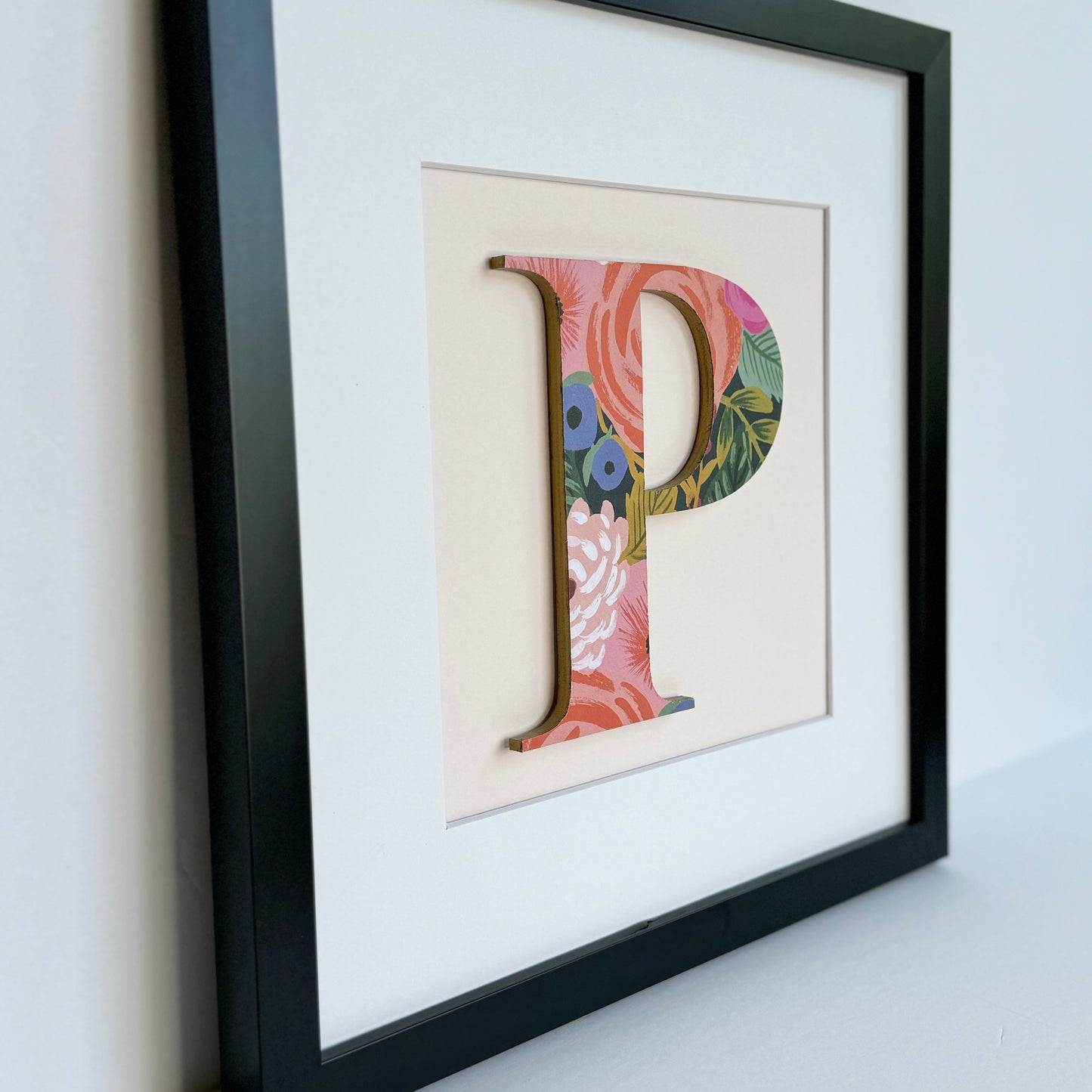 Framed Floral Initial- 12x12" Frame, Dark Floral on Pale Pink