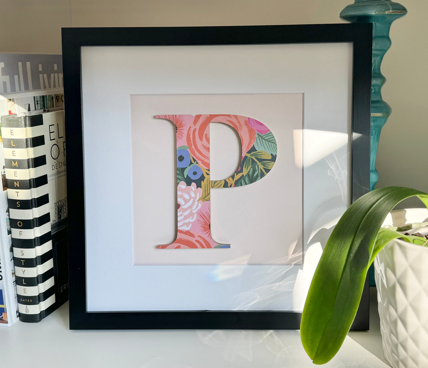 Framed Floral Initial- 12x12" Frame, Dark Floral on Pale Pink