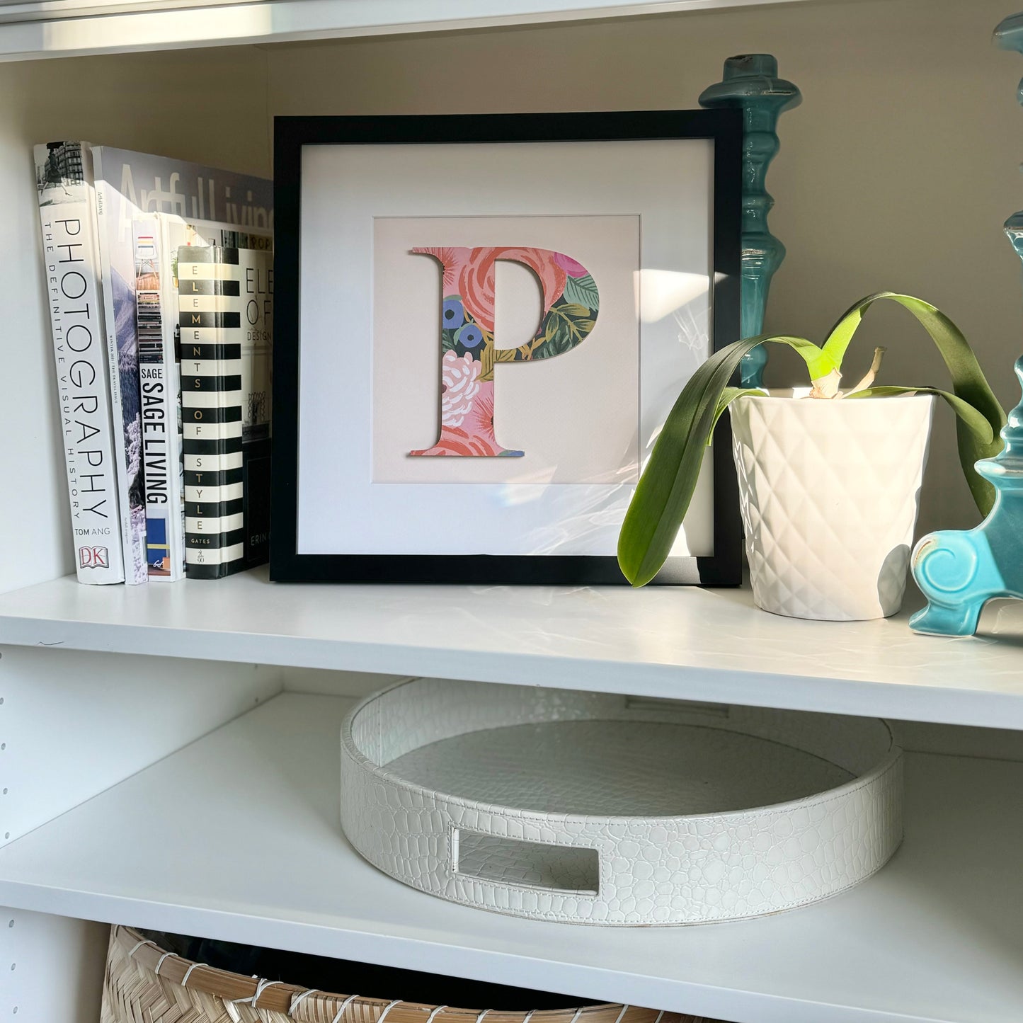 Framed Floral Initial- 12x12" Frame, Dark Floral on Pale Pink