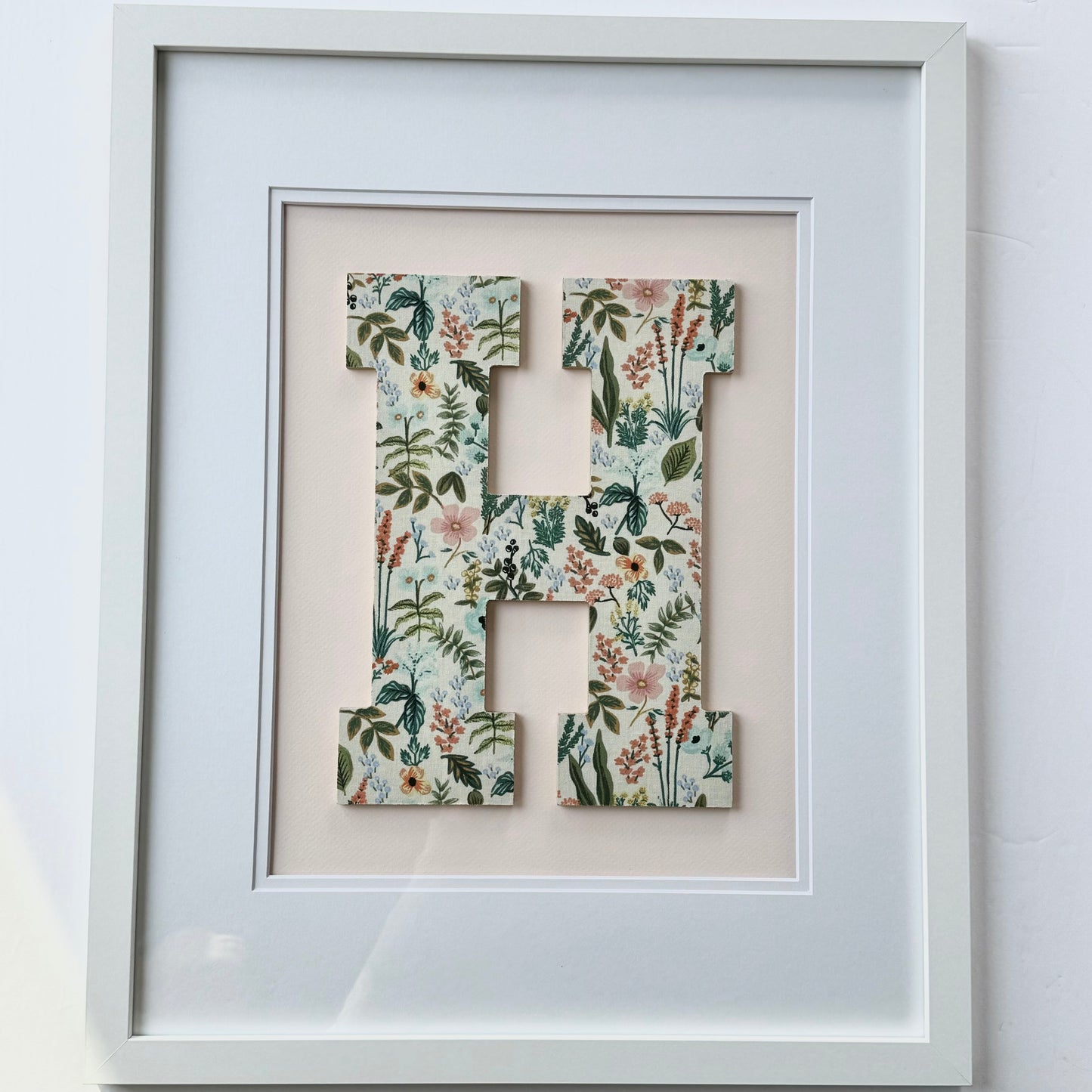 Framed Floral Initial- Herb Garden on Pale Pink, 18x22 Frame
