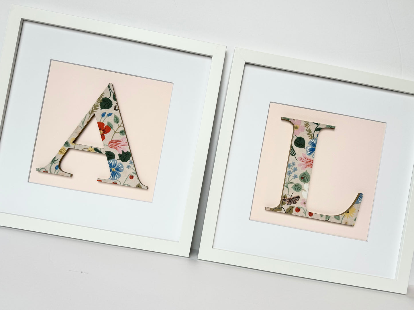 Framed Floral Initial- 12x12" Frame, Strawberry Fields on Pale Pink