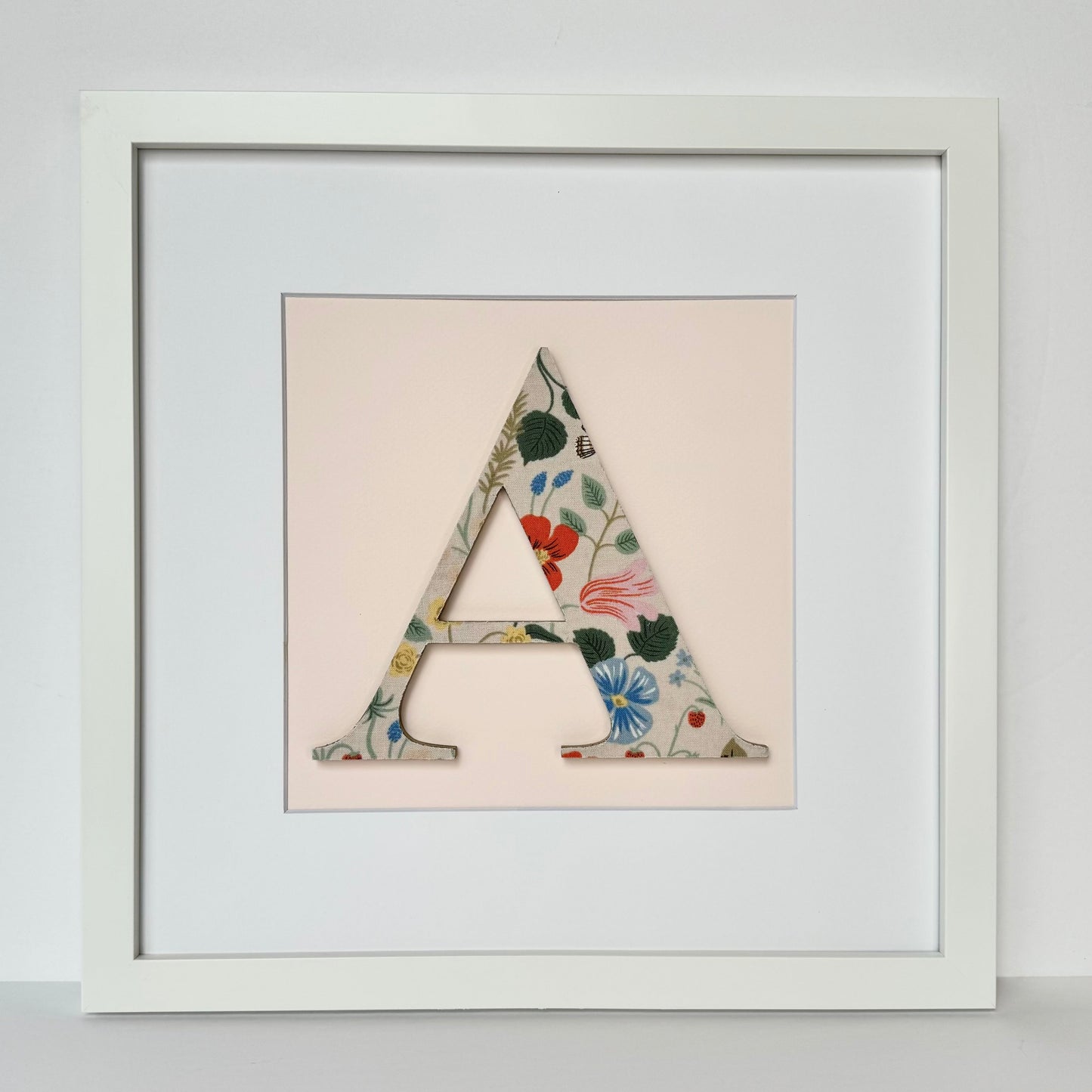 Framed Floral Initial- 12x12" Frame, Strawberry Fields on Pale Pink