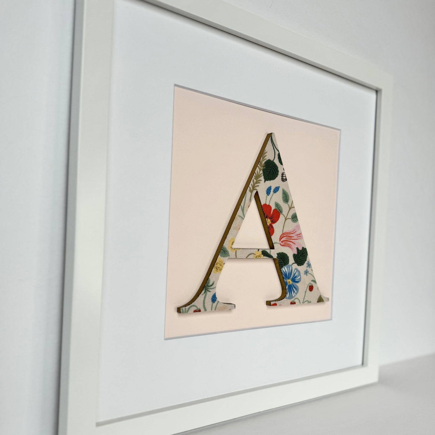Framed Floral Initial- 12x12" Frame, Strawberry Fields on Pale Pink