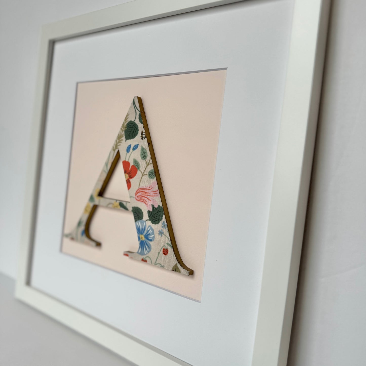Framed Floral Initial- 12x12" Frame, Strawberry Fields on Pale Pink