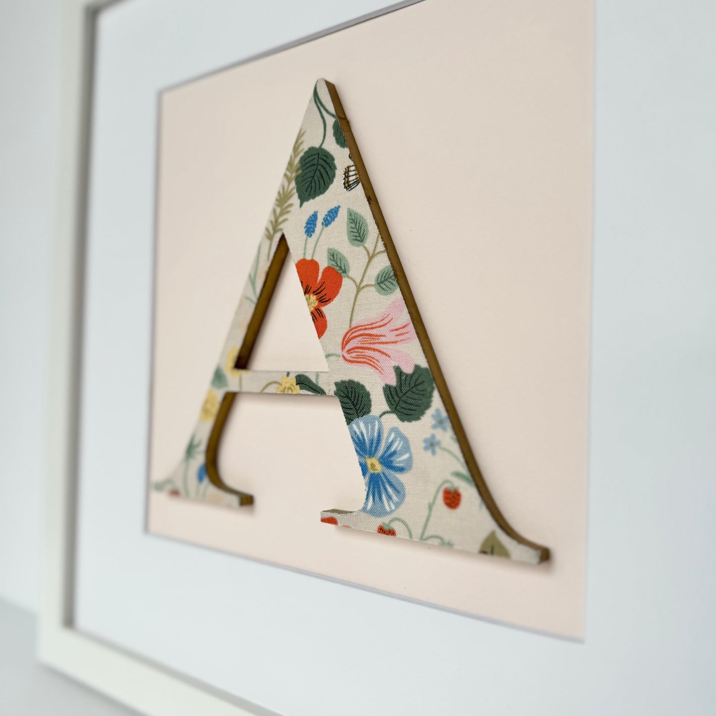 Framed Floral Initial- 12x12" Frame, Strawberry Fields on Pale Pink