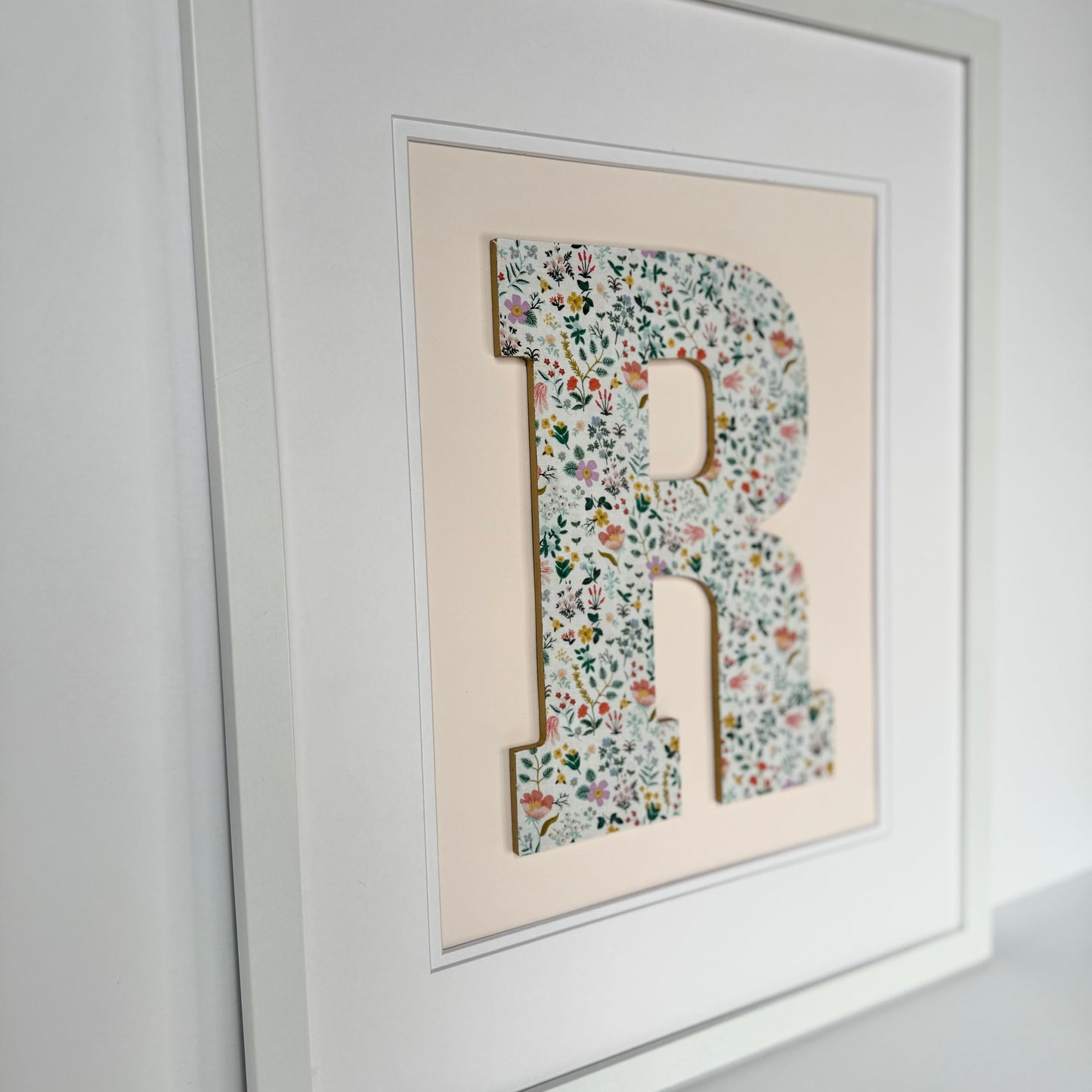 Framed Floral Initial- Bramble Fields on Pale Pink, 18x22 Frame