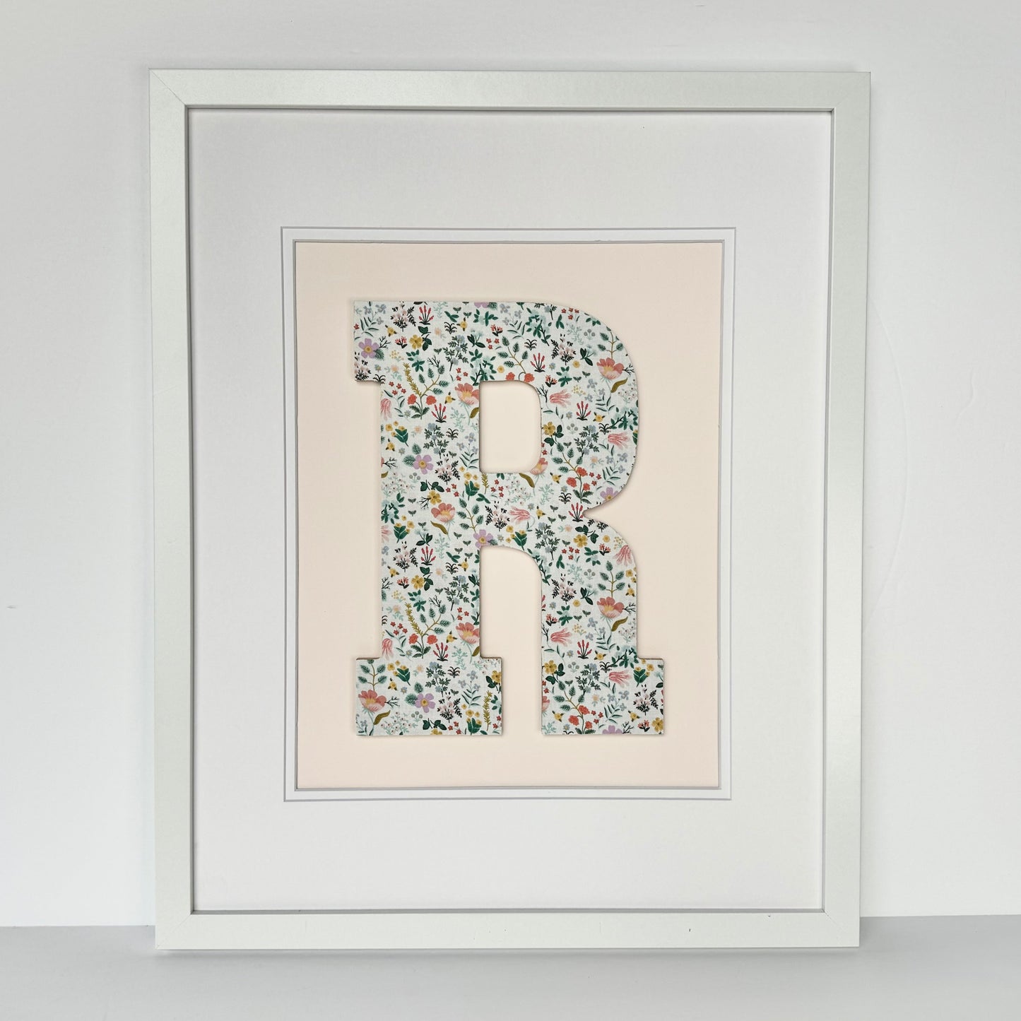 Framed Floral Initial- Bramble Fields on Pale Pink, 18x22 Frame