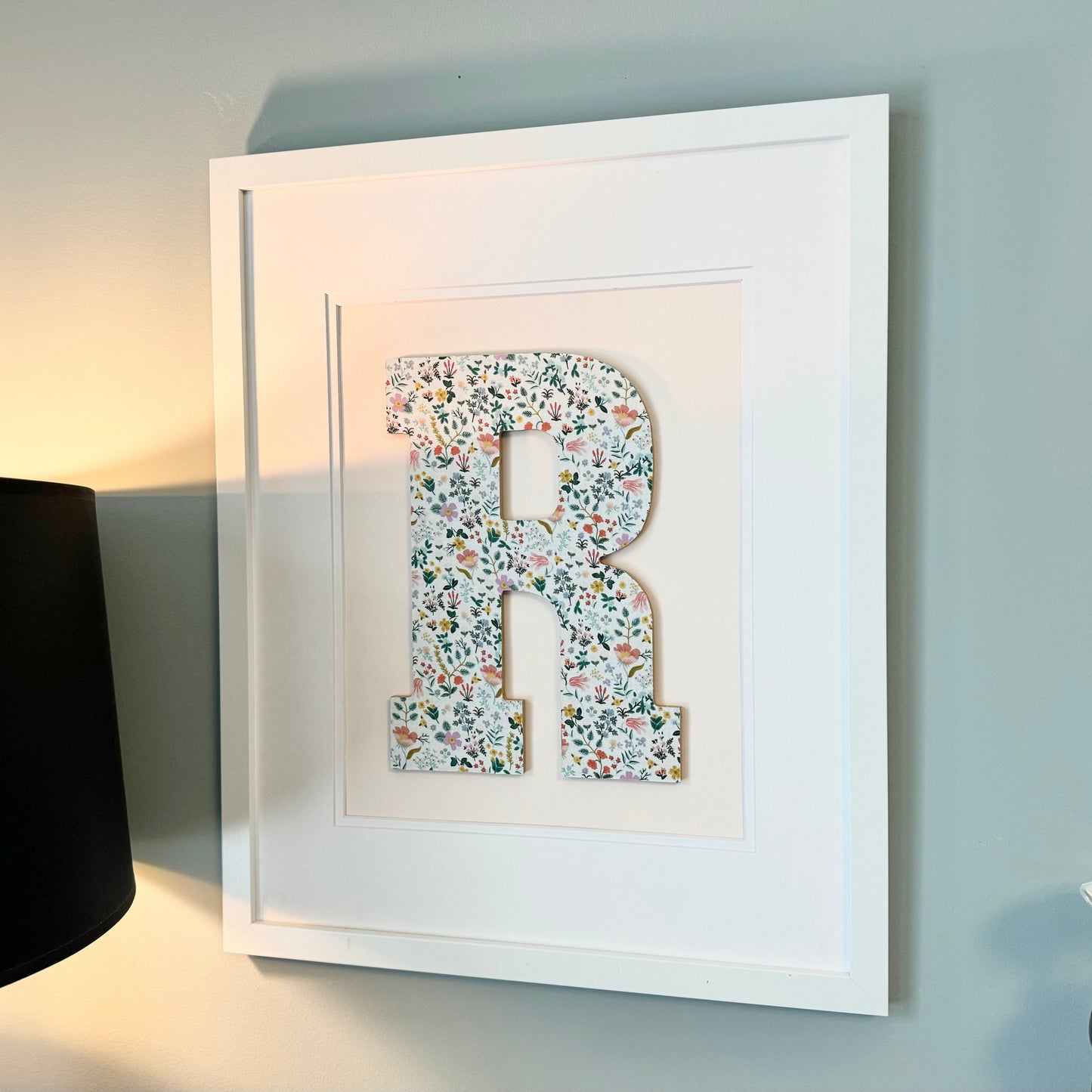 Framed Floral Initial- Bramble Fields on Pale Pink, 18x22 Frame