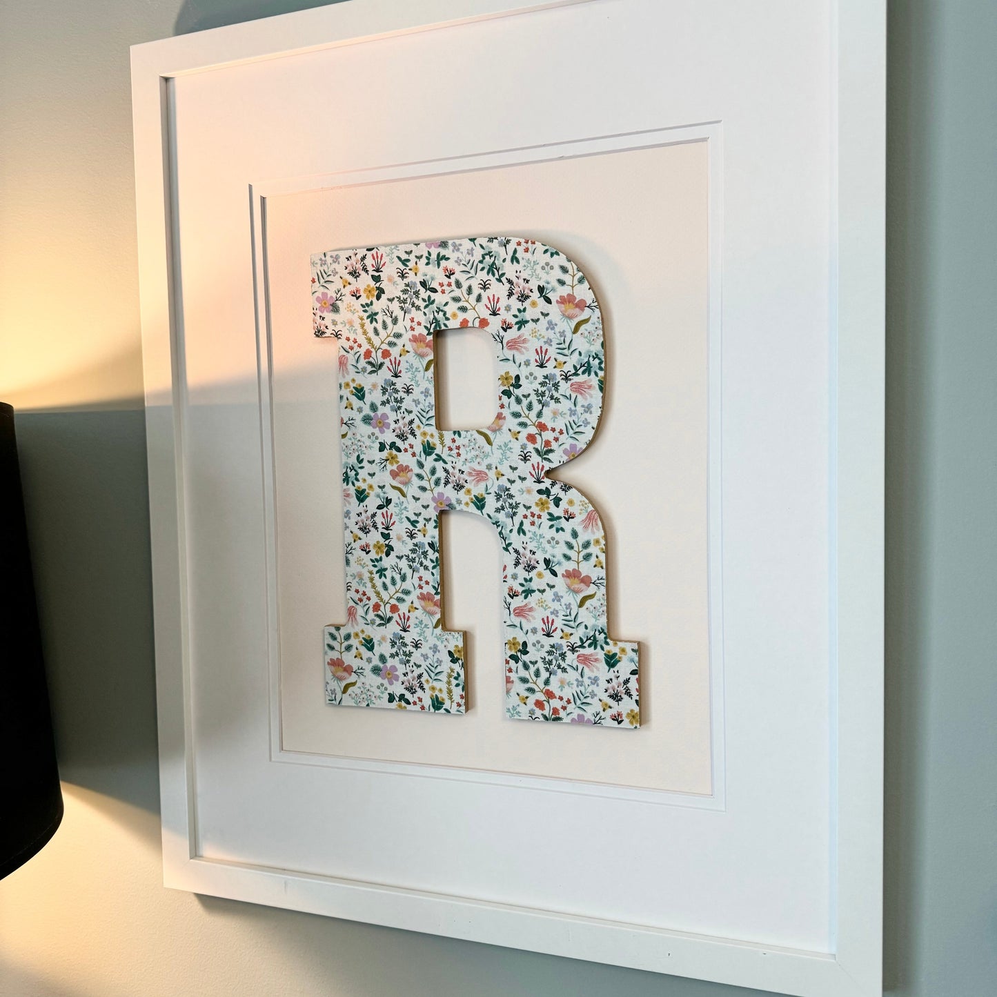Framed Floral Initial- Bramble Fields on Pale Pink, 18x22 Frame