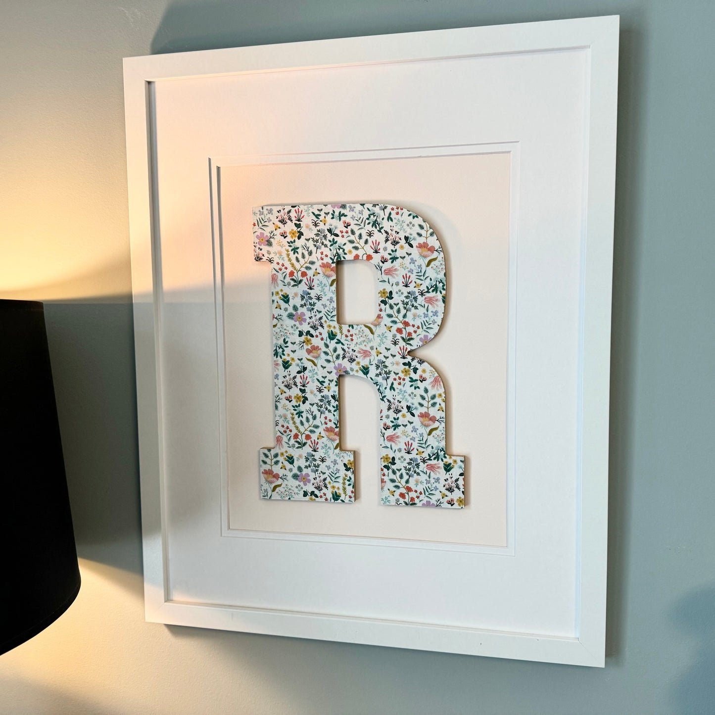 Framed Floral Initial- Bramble Fields on Pale Pink, 18x22 Frame